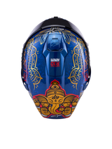 Casco Alpinestars Supertech R10 Martinator Thai in carbonio blu con grafica di elefante dorato e motivi intricati.