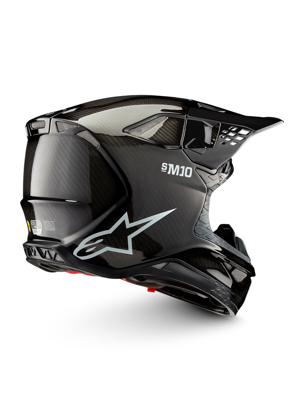 Alpinestars Casco Supertech M10 Solid ECE 22.06, casco da motocross nero lucido in carbonio, vista laterale con prese d’aria e visiera a frontino, certificato ECE