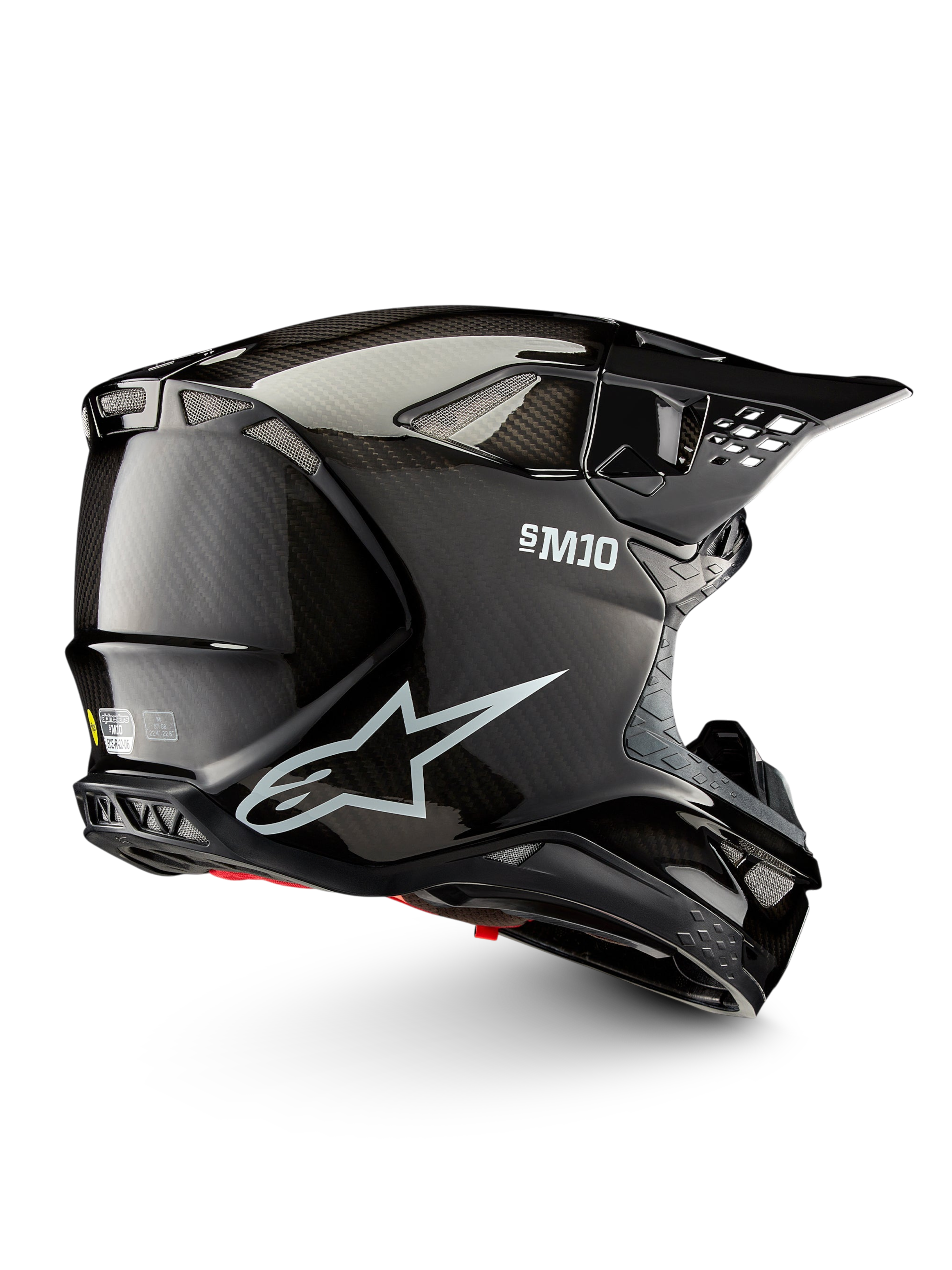 Alpinestars Casco Supertech M10 Solid ECE 22.06, casco da motocross nero lucido in carbonio, vista laterale con prese d’aria e visiera a frontino, certificato ECE