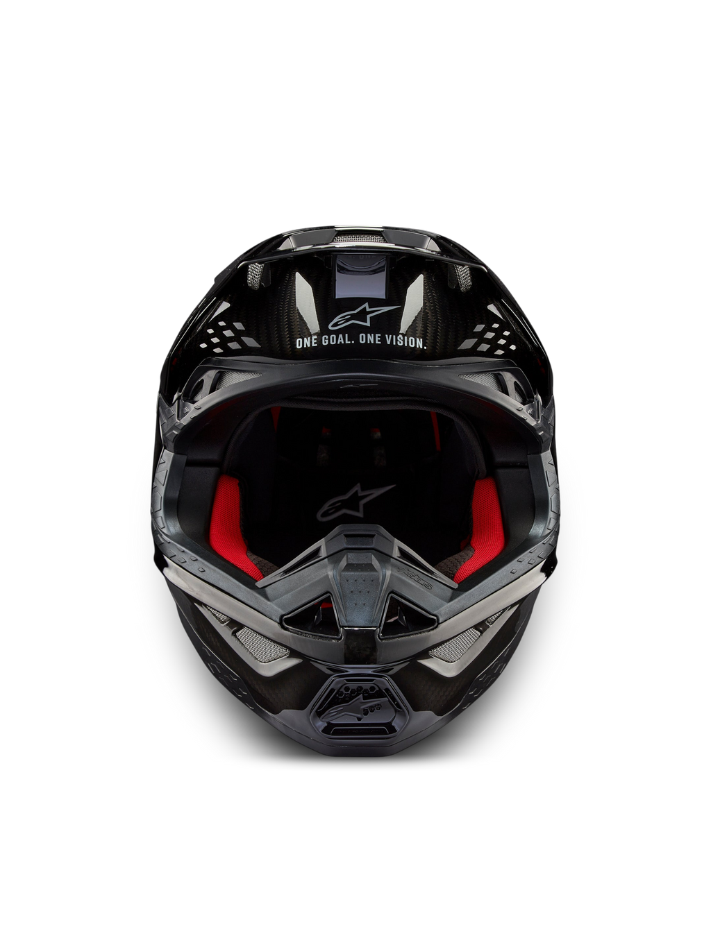 Alpinestars Supertech M10 Solid ECE 22.06, casco da motocross visto frontalmente, carbonio nero lucido con imbottitura interna rossa e prese d’aria