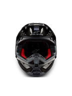 Alpinestars Supertech M10 Solid ECE 22.06, casco da motocross visto frontalmente, carbonio nero lucido con imbottitura interna rossa e prese d’aria