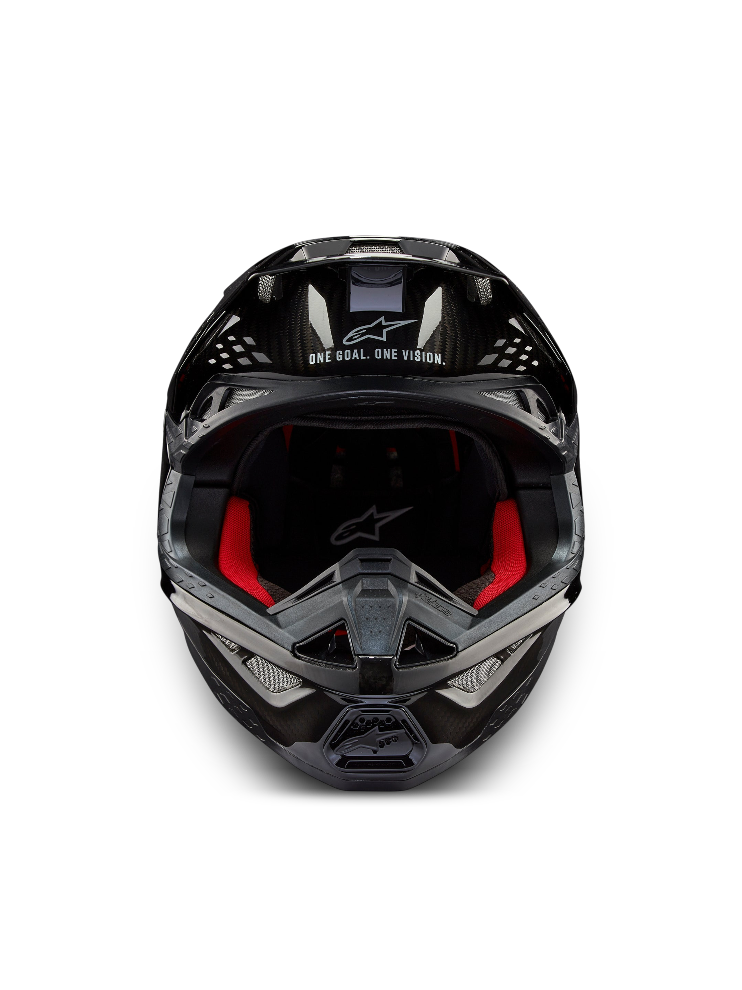 Alpinestars Supertech M10 Solid ECE 22.06, casco da motocross visto frontalmente, carbonio nero lucido con imbottitura interna rossa e prese d’aria