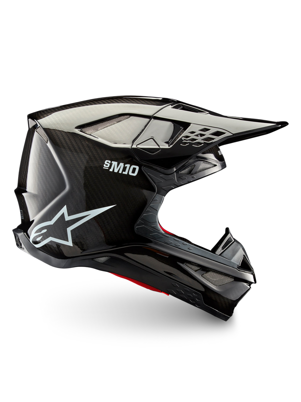 Alpinestars Supertech M10 Solid ECE 22.06, casco da motocross nero in carbonio lucido, calotta in carbonio, visiera a frontino e prese d’aria per uso fuoristrada