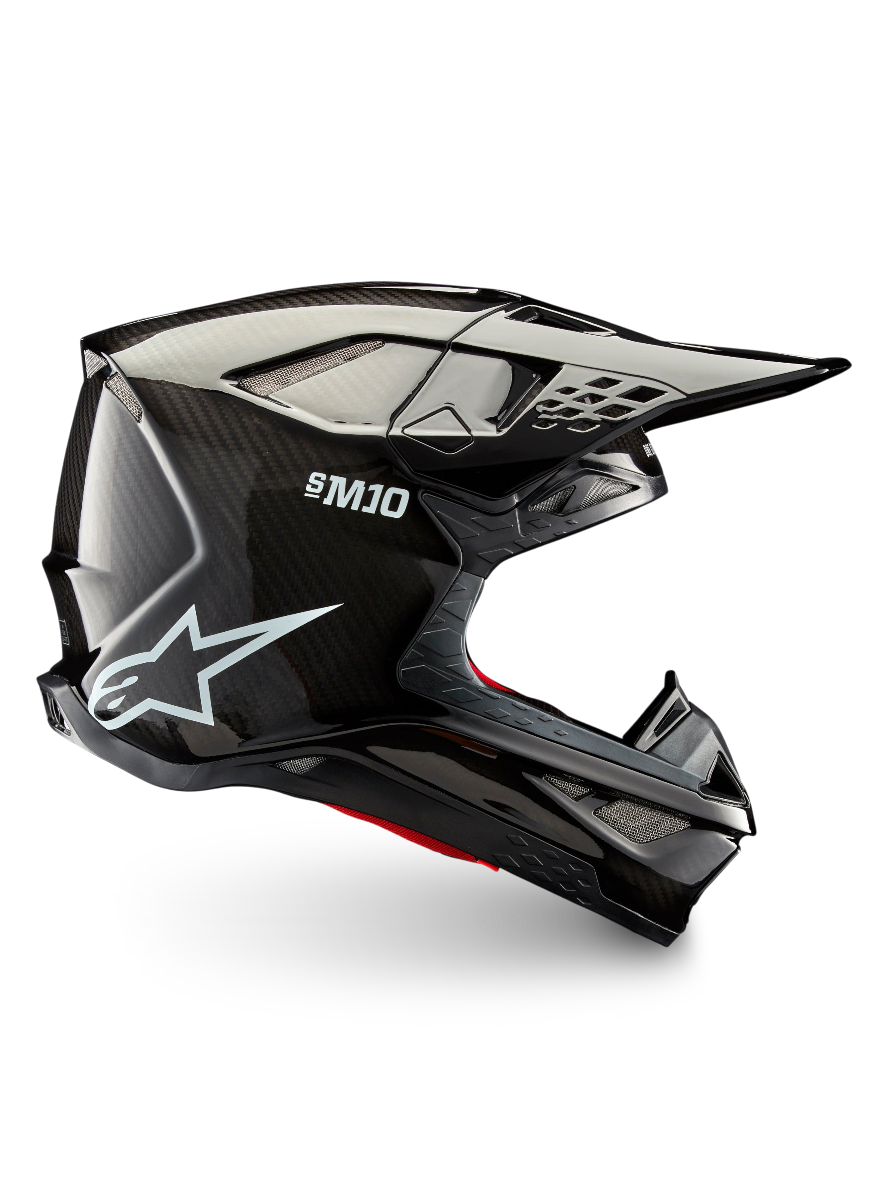 Alpinestars Supertech M10 Solid ECE 22.06, casco da motocross nero in carbonio lucido, calotta in carbonio, visiera a frontino e prese d’aria per uso fuoristrada