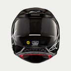 Casco Alpinestars Supertech M10 Solid, Carbonio Nero Lucido, vista posteriore che mostra la trama in fibra di carbonio lucida, logo Alpinestars bianco, adesivi di certificazione MIPS ed ECE, forma aerodinamica con porte di ventilazione