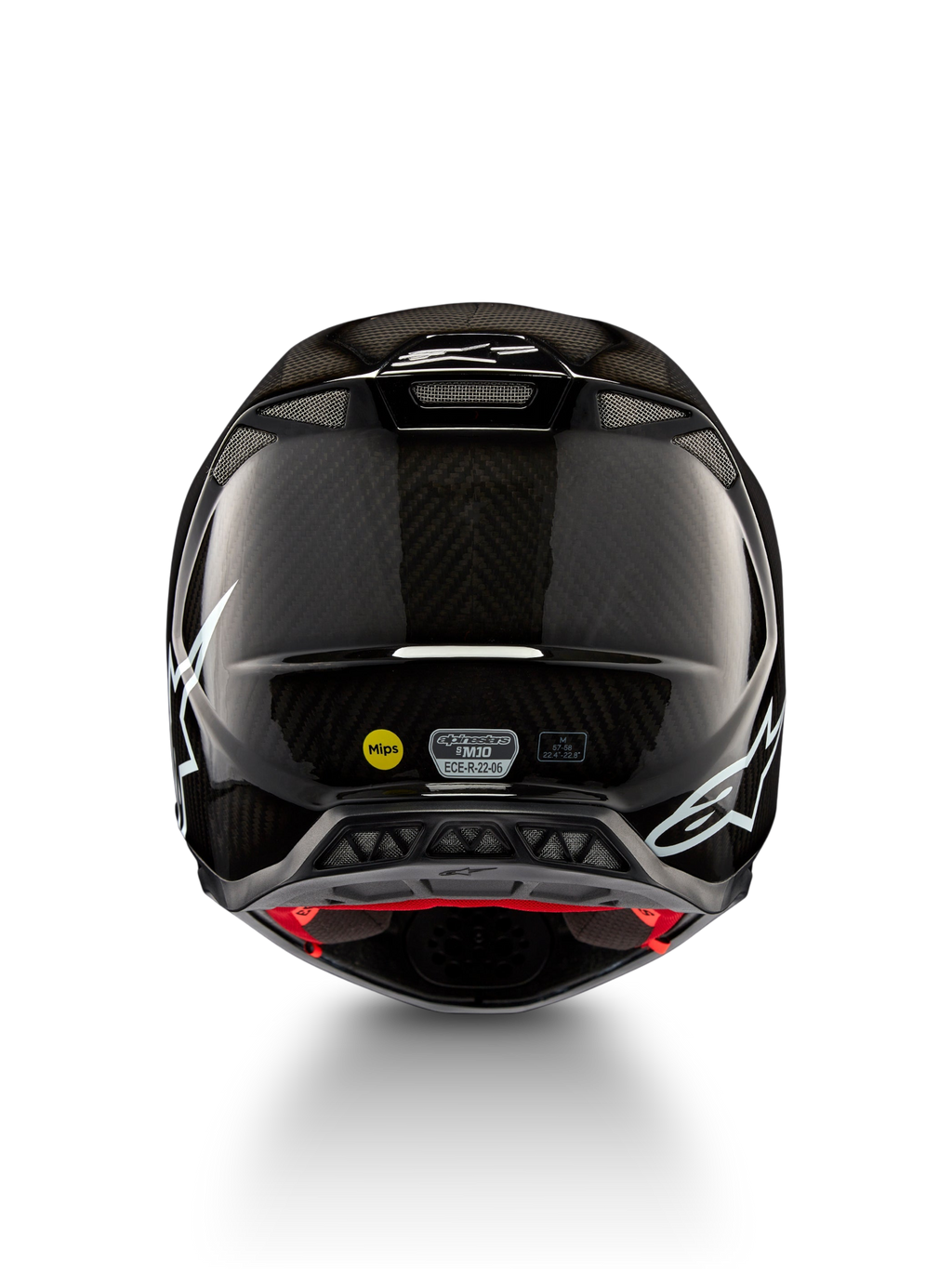 Alpinestars Supertech M10 Solid ECE 22.06, casco da motocross in carbonio nero lucido, vista posteriore con grafiche bianche, prese d’aria ed etichette MIPS ed ECE-R 22.06