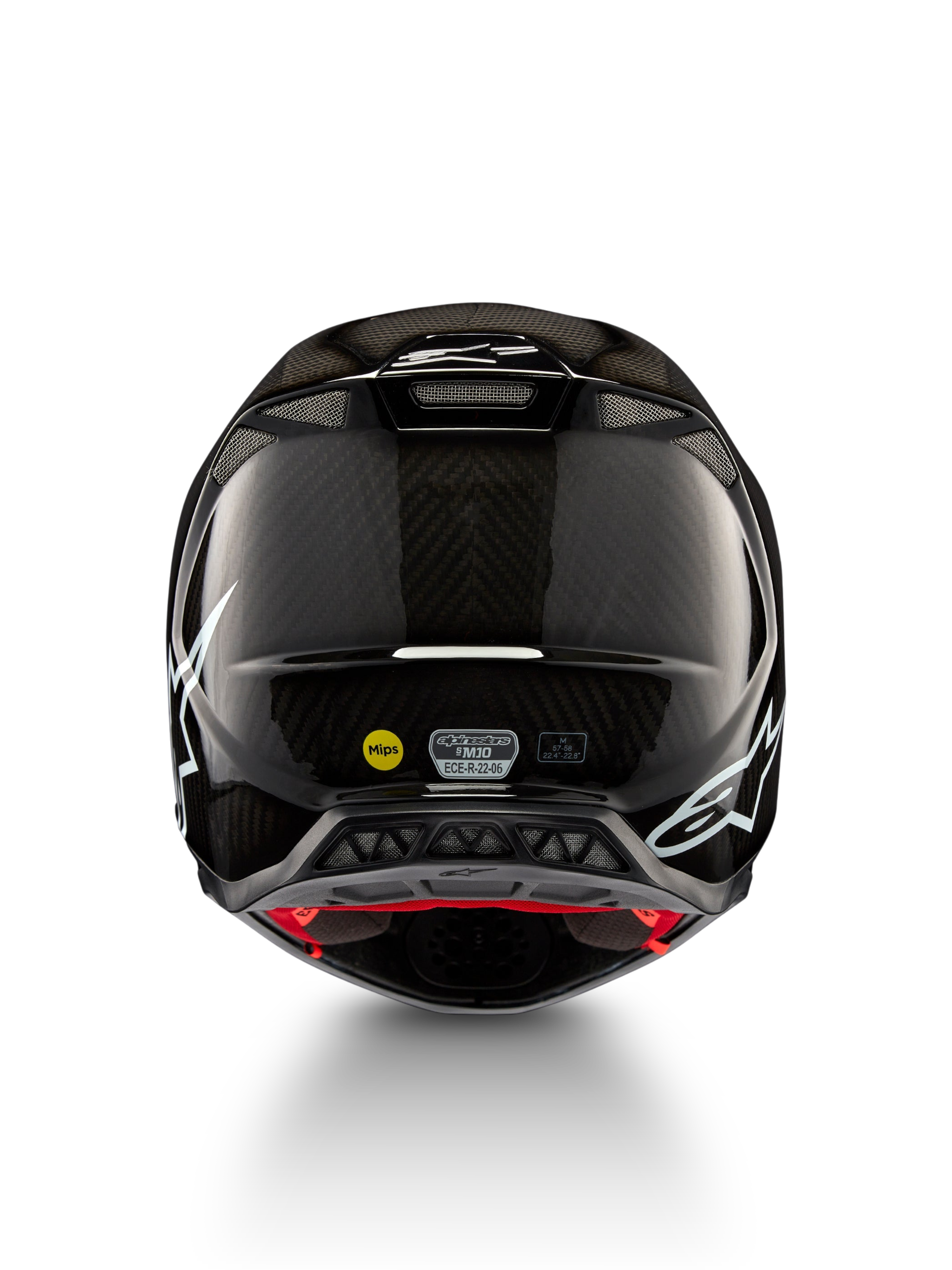 Alpinestars Supertech M10 Solid ECE 22.06, casco da motocross in carbonio nero lucido, vista posteriore con grafiche bianche, prese d’aria ed etichette MIPS ed ECE-R 22.06
