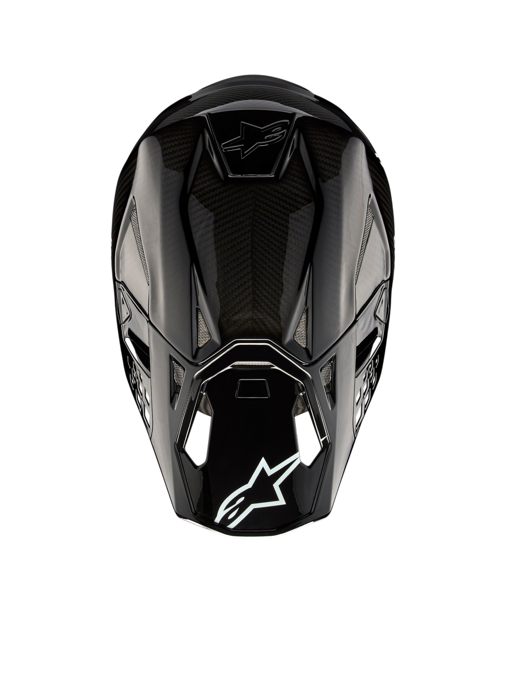 Alpinestars Casco Supertech M10 Solid ECE 22.06, casco da motocross nero con finitura lucida in carbonio, vista posteriore con calotta in carbonio, prese d’aria e logo Alpinestars, certificato ECE