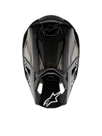 Alpinestars Casco Supertech M10 Solid ECE 22.06, casco da motocross nero con finitura lucida in carbonio, vista posteriore con calotta in carbonio, prese d’aria e logo Alpinestars, certificato ECE