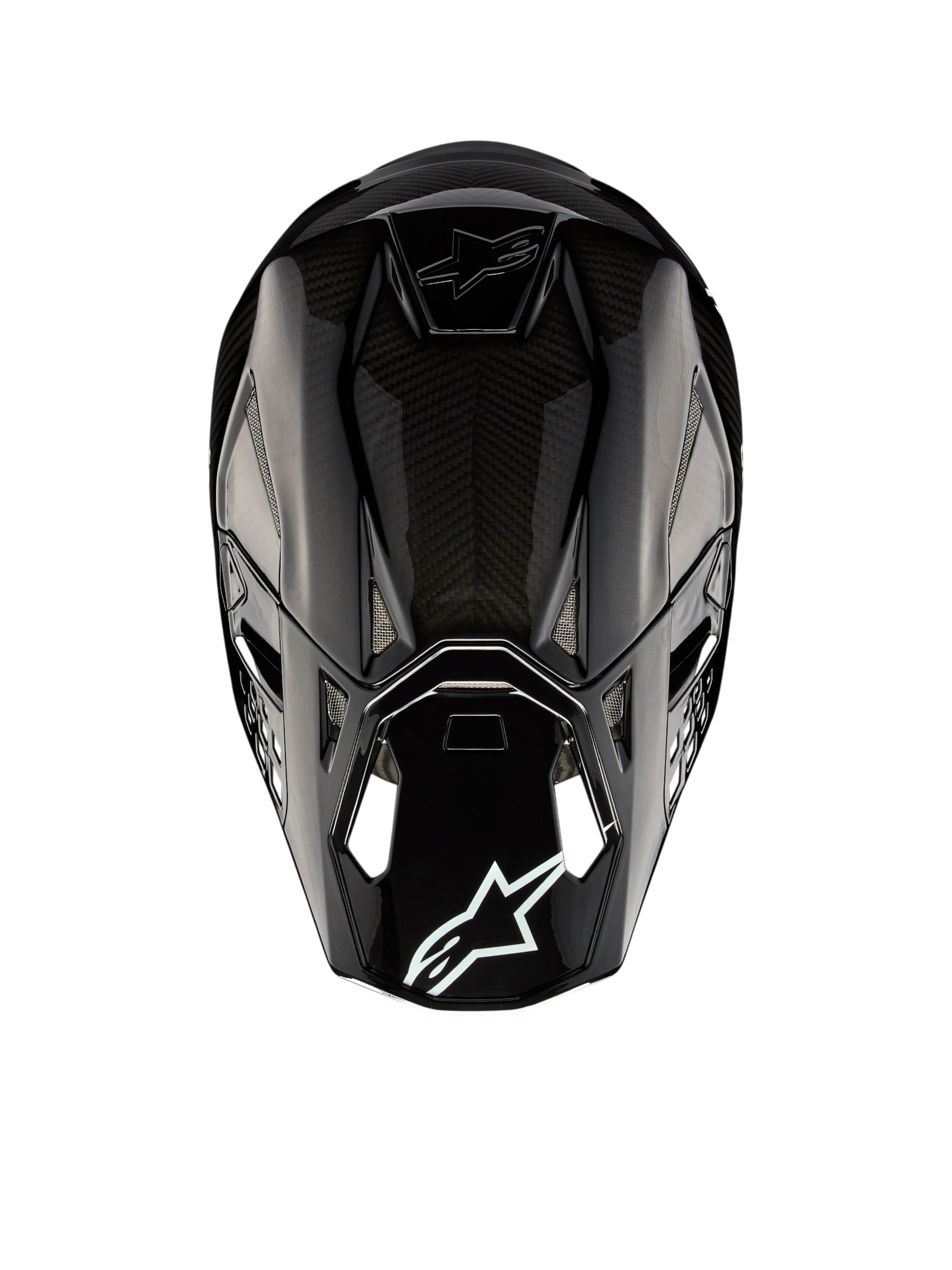 Alpinestars Casco Supertech M10 Solid ECE 22.06, casco da motocross nero con finitura lucida in carbonio, vista posteriore con calotta in carbonio, prese d’aria e logo Alpinestars, certificato ECE