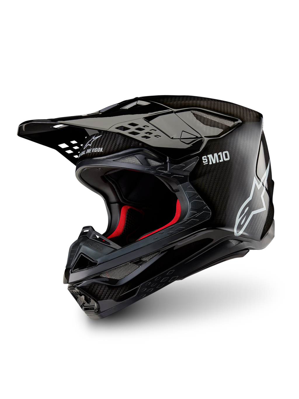 Alpinestars Supertech M10 Solid ECE 22.06, casco da motocross nero lucido in carbonio, con visiera a frontino, interno rosso e omologazione ECE 22.06, vista a tre quarti