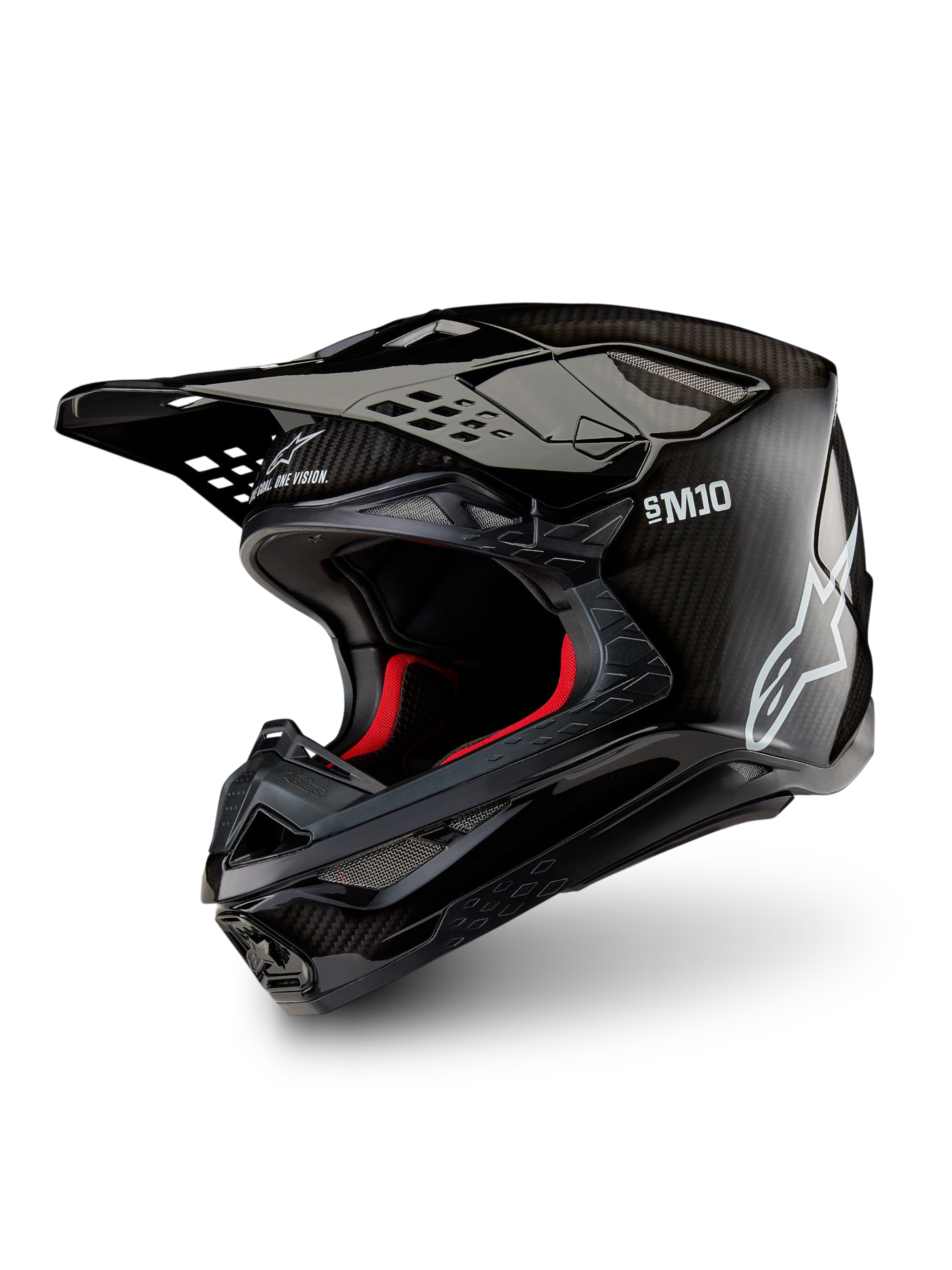 Alpinestars Supertech M10 Solid ECE 22.06, casco da motocross nero lucido in carbonio, con visiera a frontino, interno rosso e omologazione ECE 22.06, vista a tre quarti