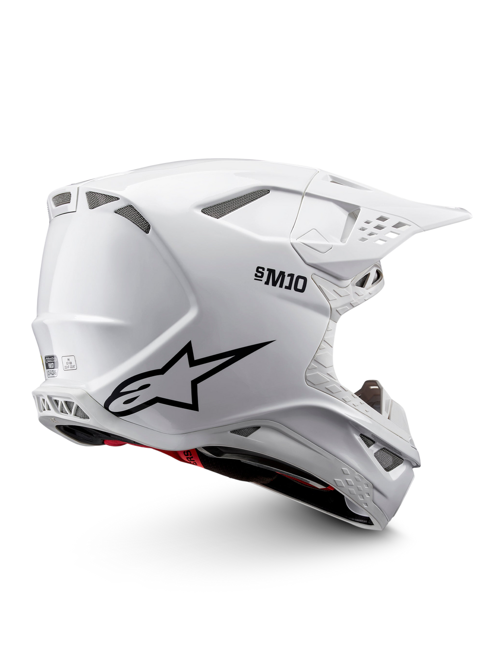 Alpinestars Casco Supertech M10 Solid ECE 22.06, casco da motocross bianco lucido con grafiche nere, dettagli rossi, prese d’aria e visiera parasole