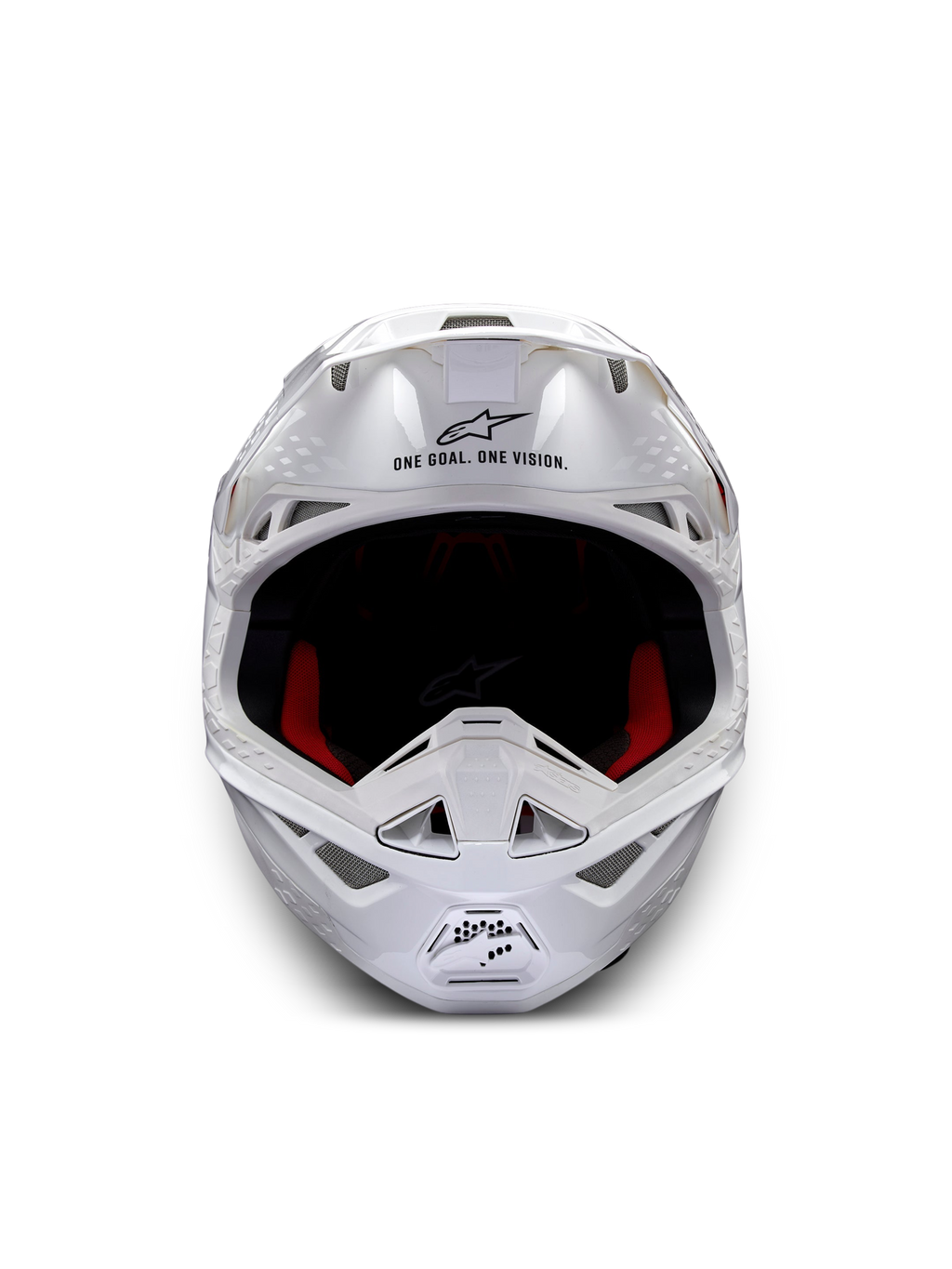 Alpinestars Casco Supertech M10 Solid ECE 22.06, casco da motocross bianco lucido, vista frontale con imbottitura interna rossa e nera