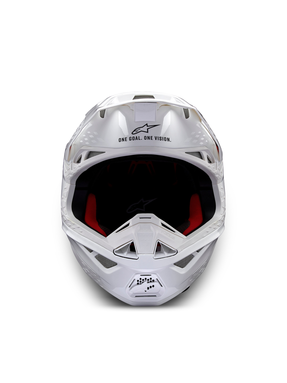 Alpinestars Casco Supertech M10 Solid ECE 22.06, casco da motocross bianco lucido, vista frontale con imbottitura interna rossa e nera