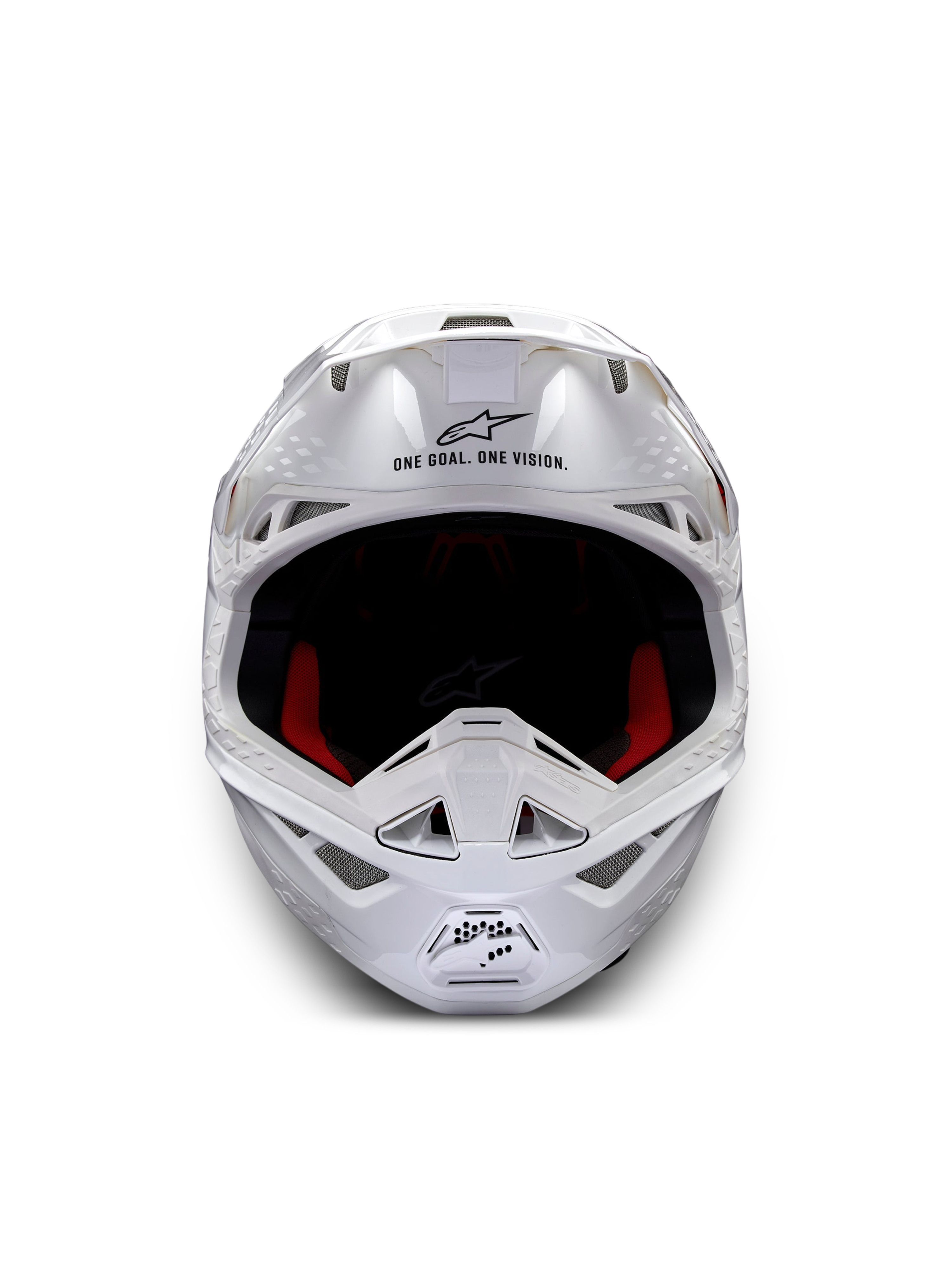 Alpinestars Casco Supertech M10 Solid ECE 22.06, casco da motocross bianco lucido, vista frontale con imbottitura interna rossa e nera