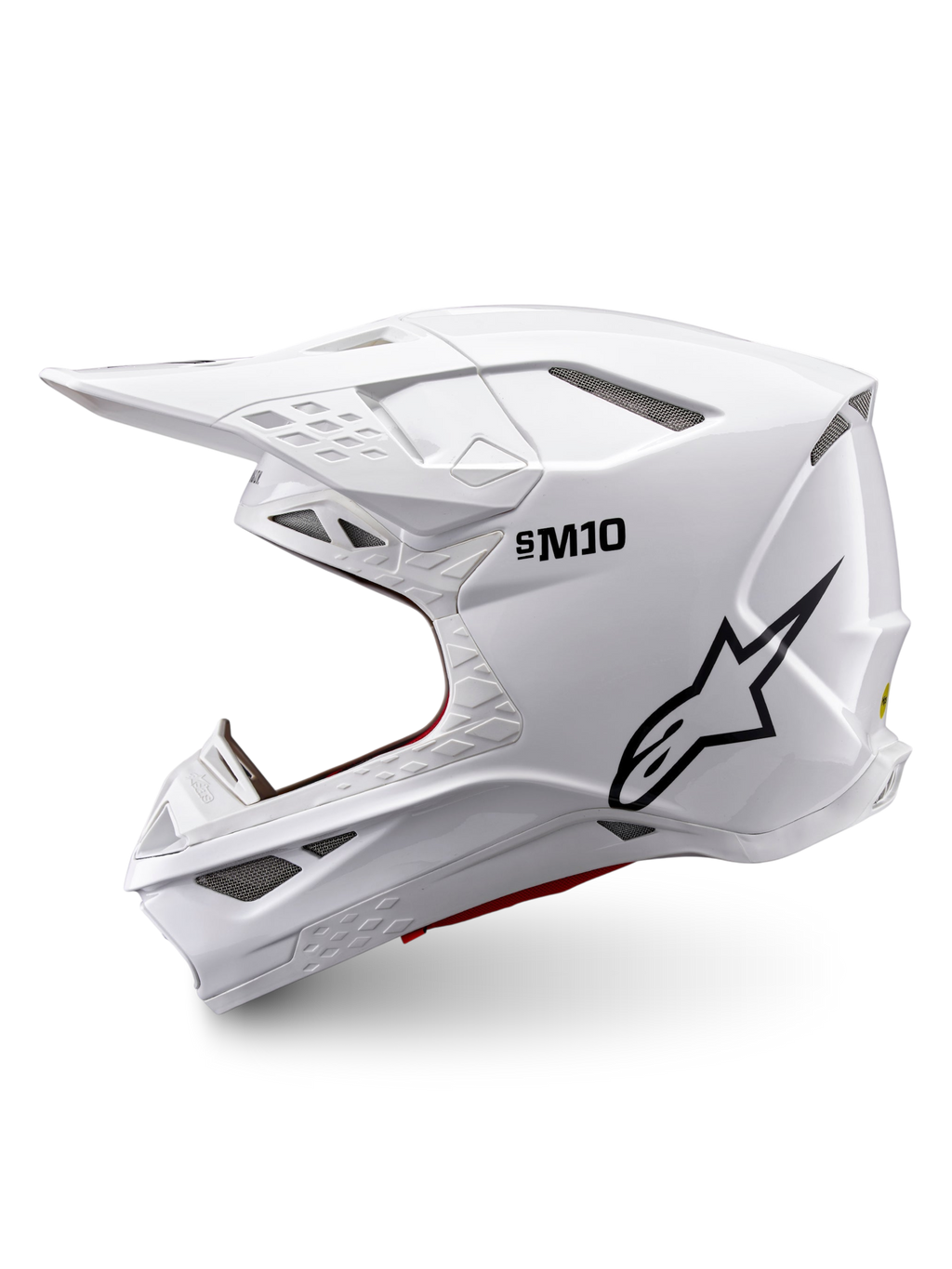 Alpinestars Supertech M10 Solid ECE 22.06, casco integrale da motocross bianco lucido con logo nero, vista laterale e prese d’aria multiple