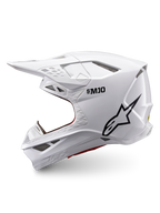 Alpinestars Supertech M10 Solid ECE 22.06, casco integrale da motocross bianco lucido con logo nero, vista laterale e prese d’aria multiple