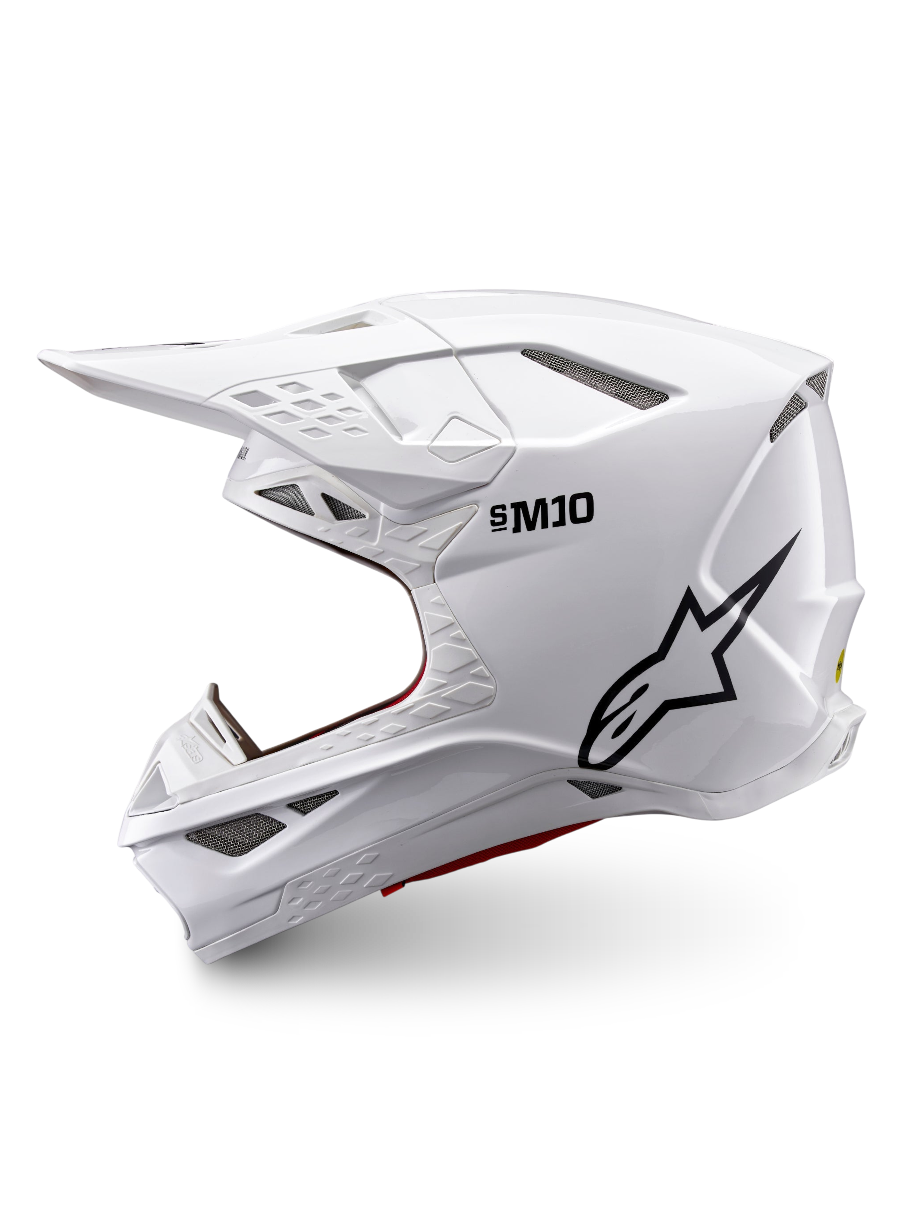 Alpinestars Supertech M10 Solid ECE 22.06, casco integrale da motocross bianco lucido con logo nero, vista laterale e prese d’aria multiple