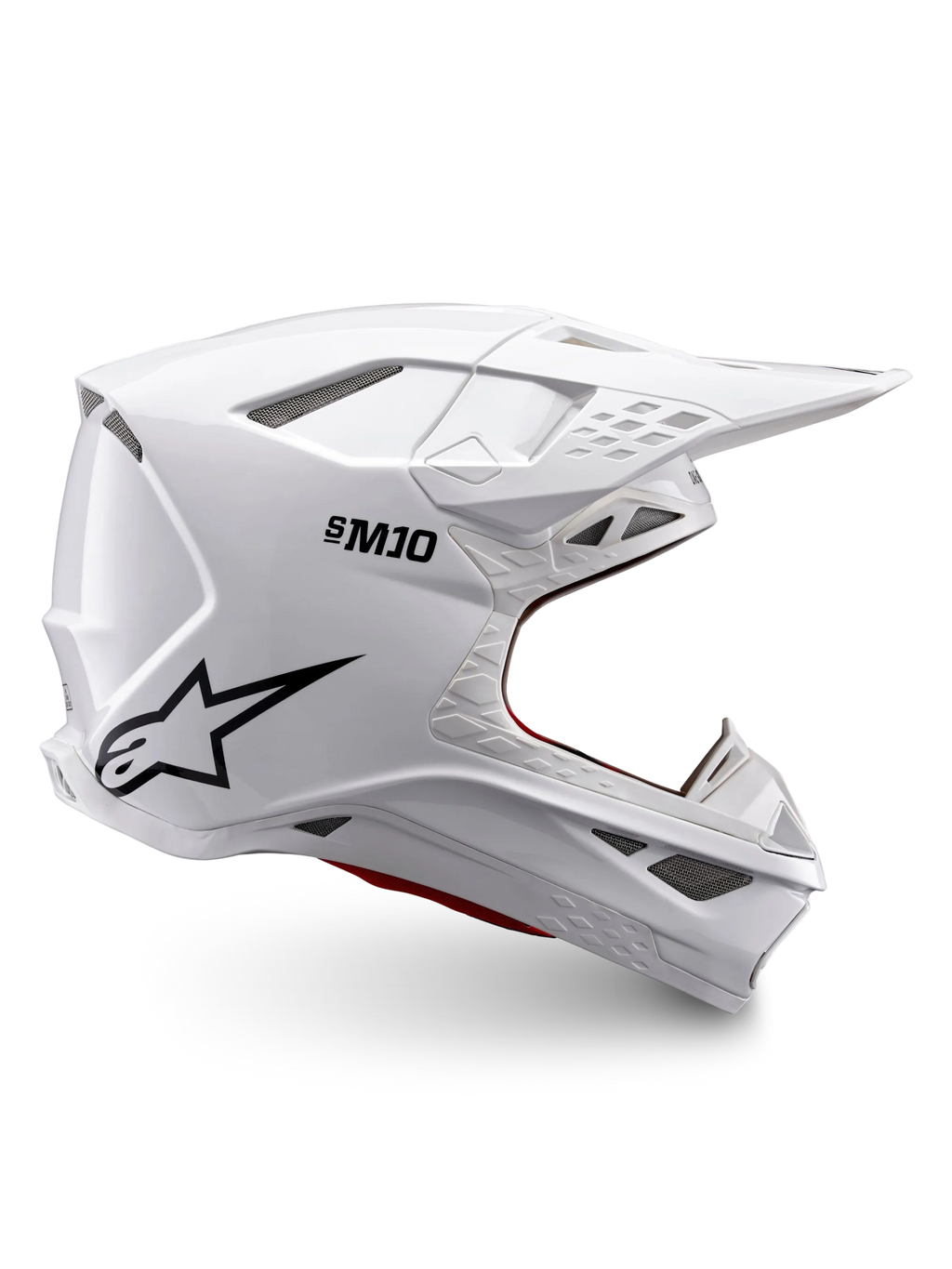 Alpinestars Casco Supertech M10 Solid ECE 22.06, casco da motocross bianco lucido con logo nero, visiera parasole e design integrale ventilato, vista laterale