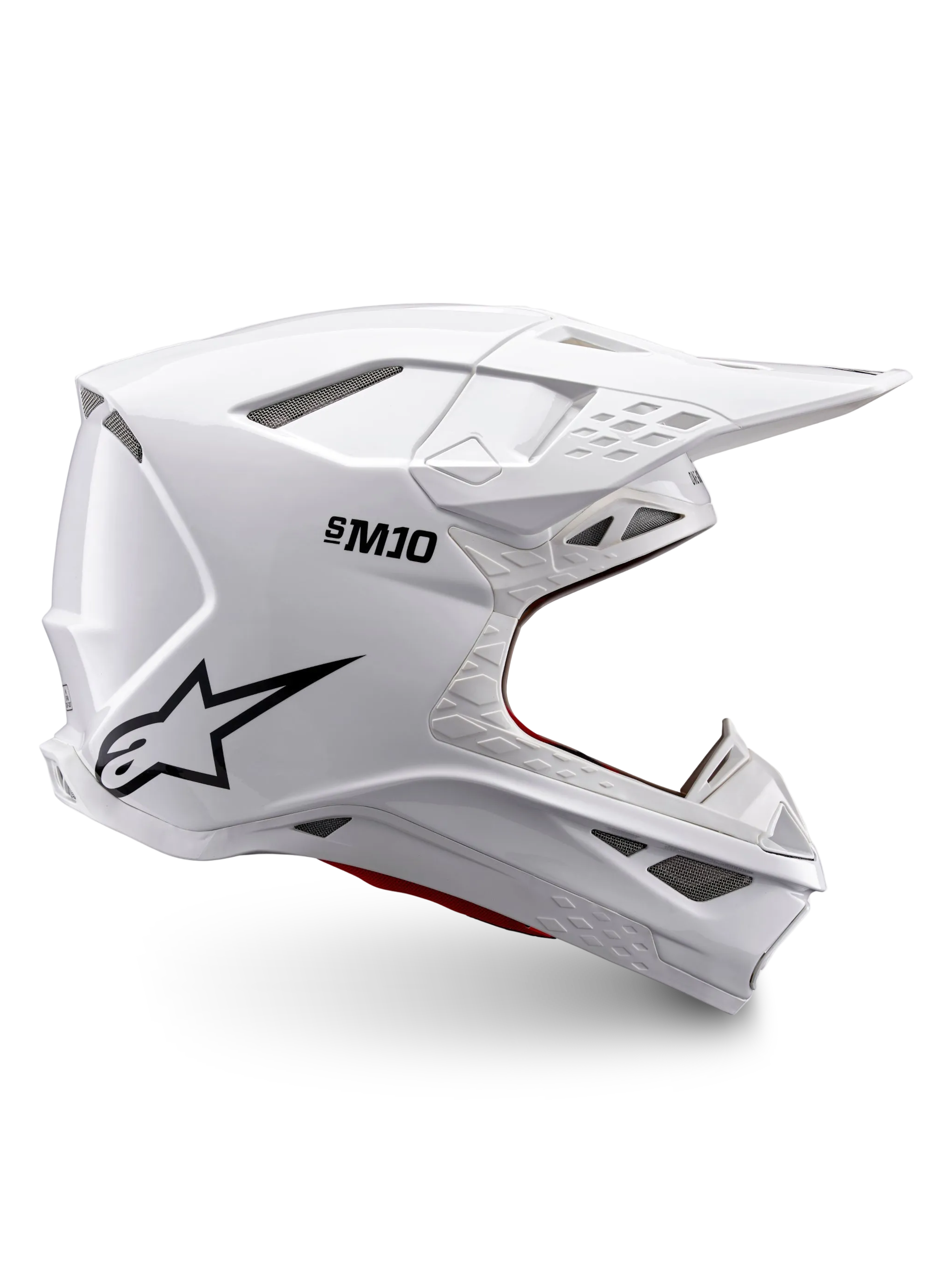 Alpinestars Casco Supertech M10 Solid ECE 22.06, casco da motocross bianco lucido con logo nero, visiera parasole e design integrale ventilato, vista laterale