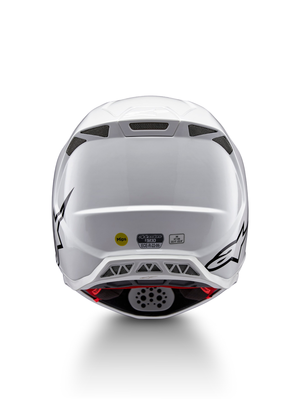Alpinestars Casco Supertech M10 Solid ECE 22.06, casco da motocross bianco lucido con grafiche nere, prese d’aria posteriori, sistema MIPS e omologazione ECE 22.06, vista posteriore