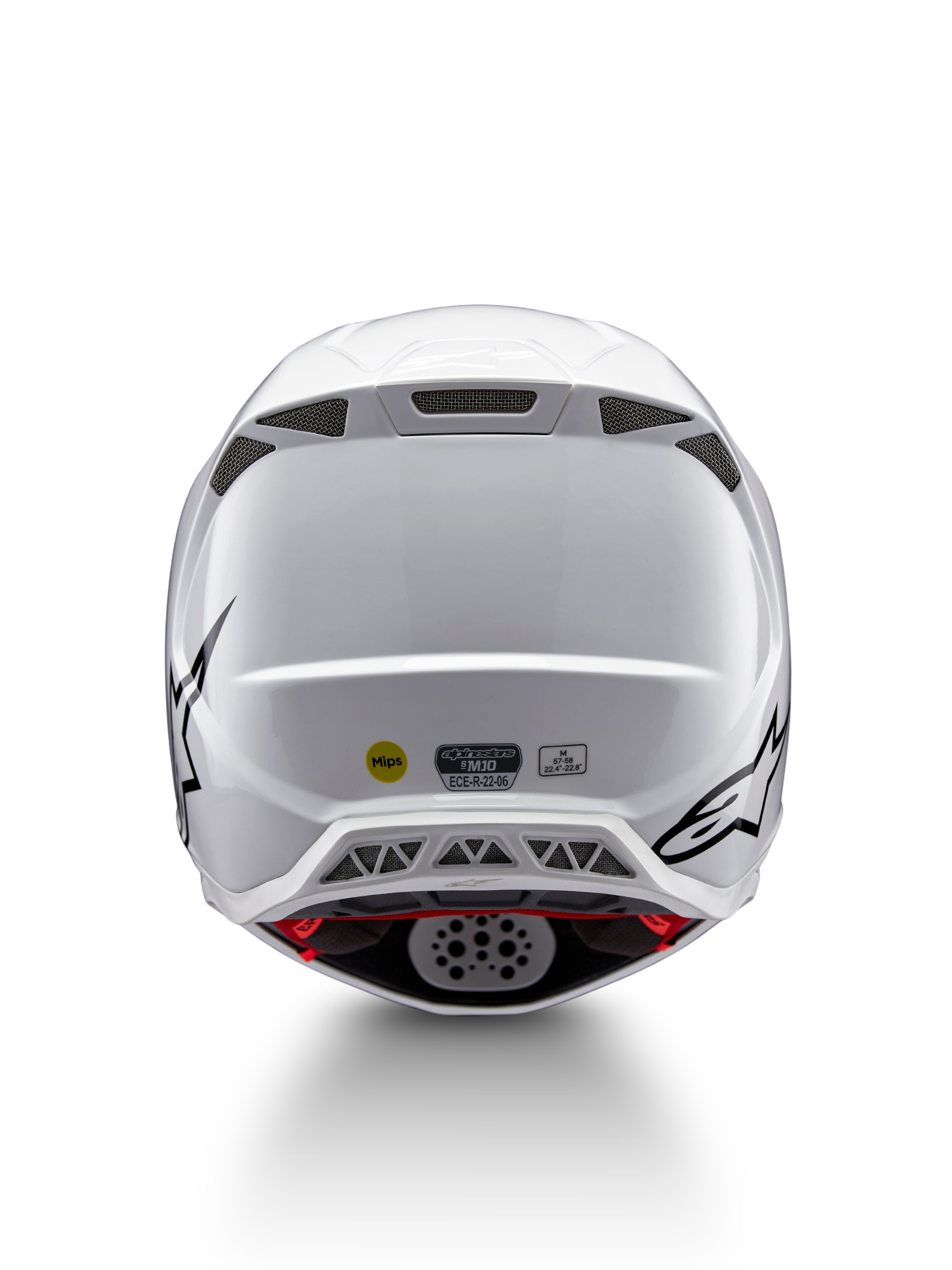 Alpinestars Casco Supertech M10 Solid ECE 22.06, casco da motocross bianco lucido con grafiche nere, prese d’aria posteriori, sistema MIPS e omologazione ECE 22.06, vista posteriore