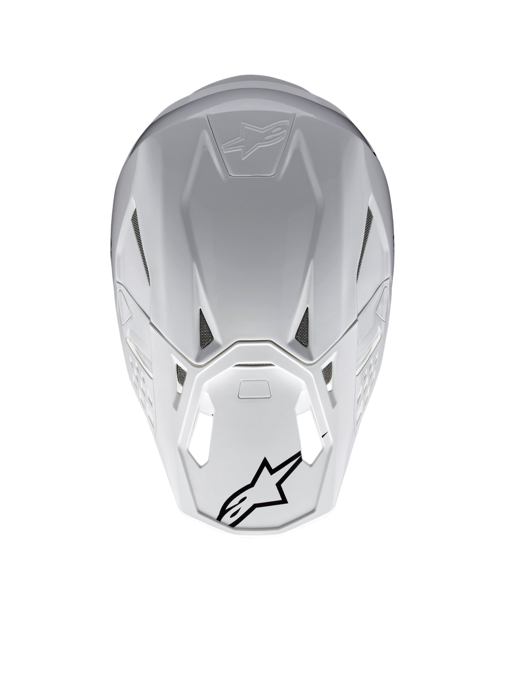 Alpinestars Supertech M10 Solid ECE 22.06, casco da motocross bianco lucido, vista posteriore con prese d’aria e loghi Alpinestars neri, calotta composita in carbonio e aramide