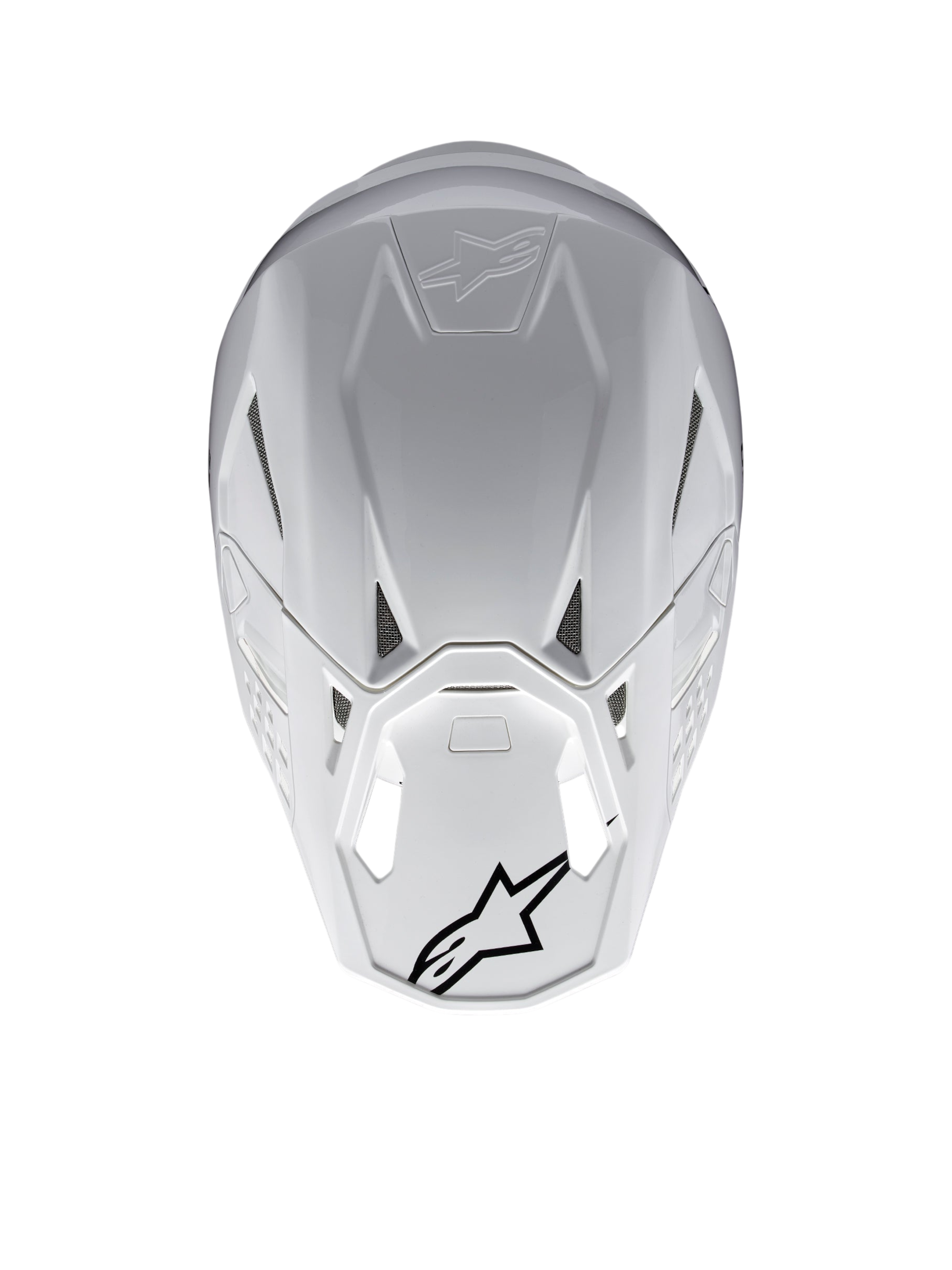 Alpinestars Supertech M10 Solid ECE 22.06, casco da motocross bianco lucido, vista posteriore con prese d’aria e loghi Alpinestars neri, calotta composita in carbonio e aramide