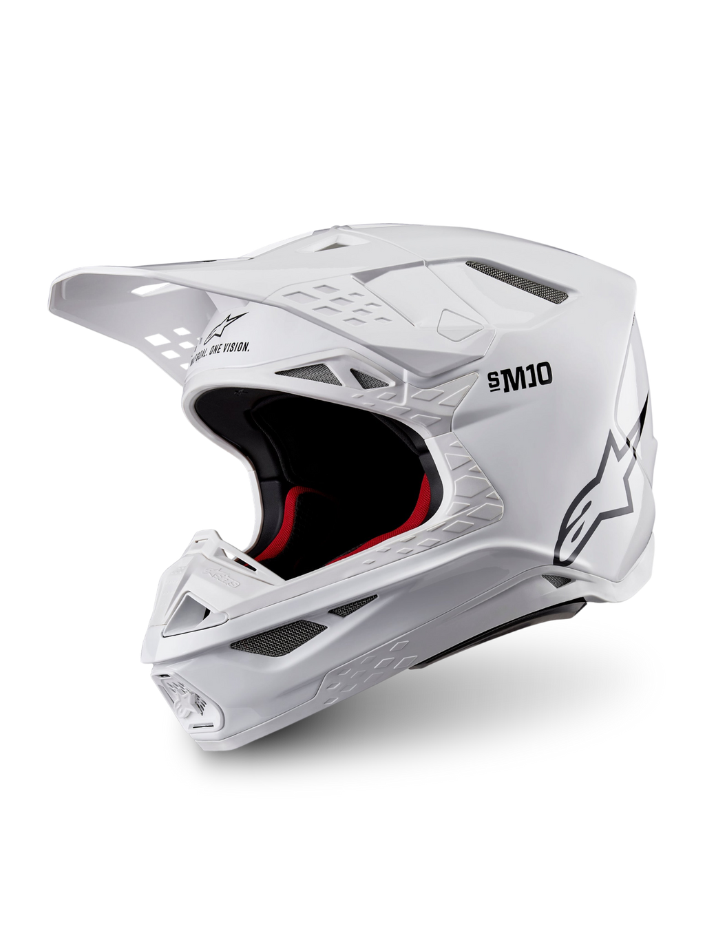 Alpinestars Casco Supertech M10 Solid ECE 22.06, casco da motocross bianco lucido con imbottitura interna nera e rossa, visiera parasole e prese d’aria multiple, vista a tre quarti