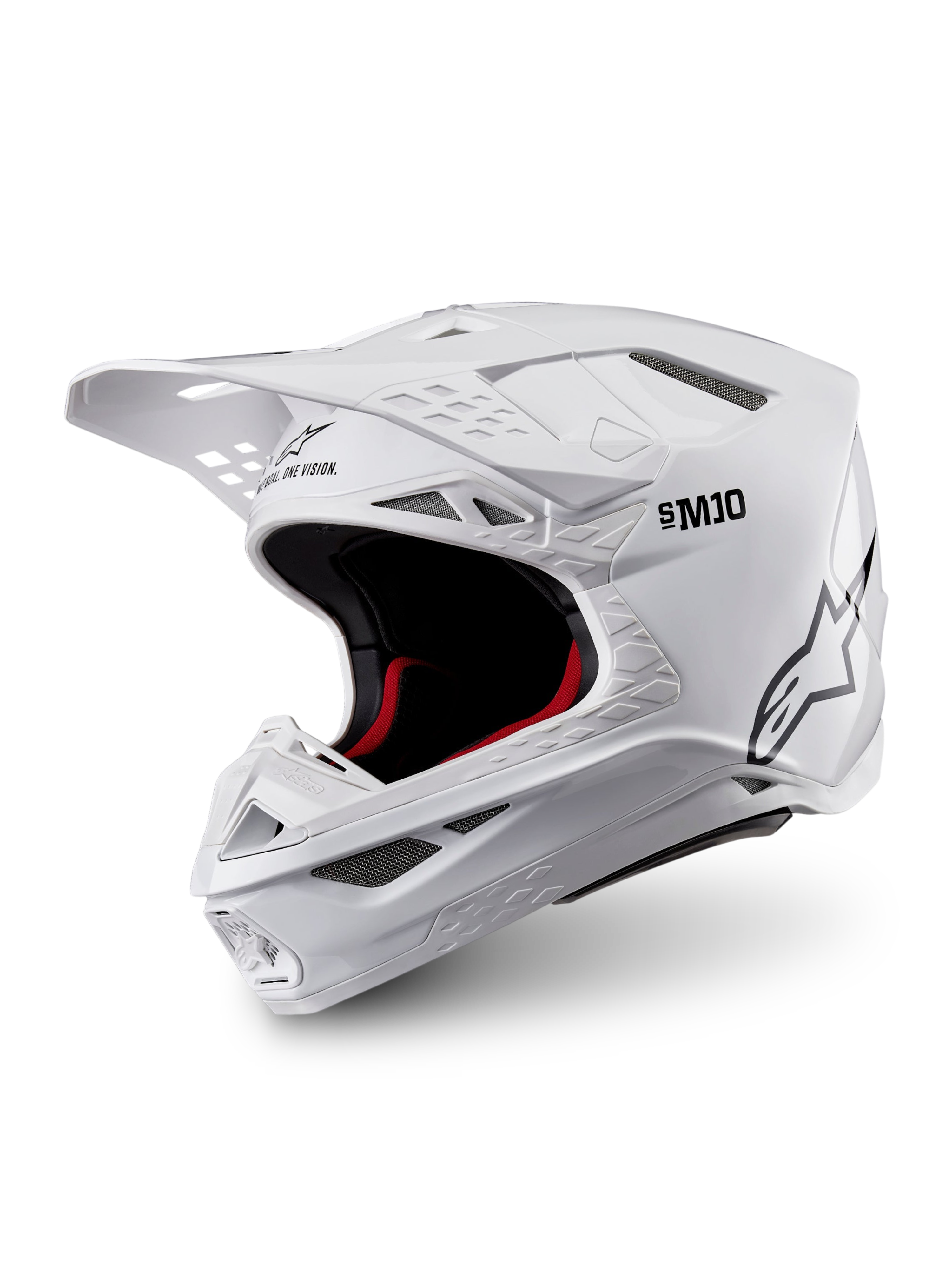 Alpinestars Casco Supertech M10 Solid ECE 22.06, casco da motocross bianco lucido con imbottitura interna nera e rossa, visiera parasole e prese d’aria multiple, vista a tre quarti
