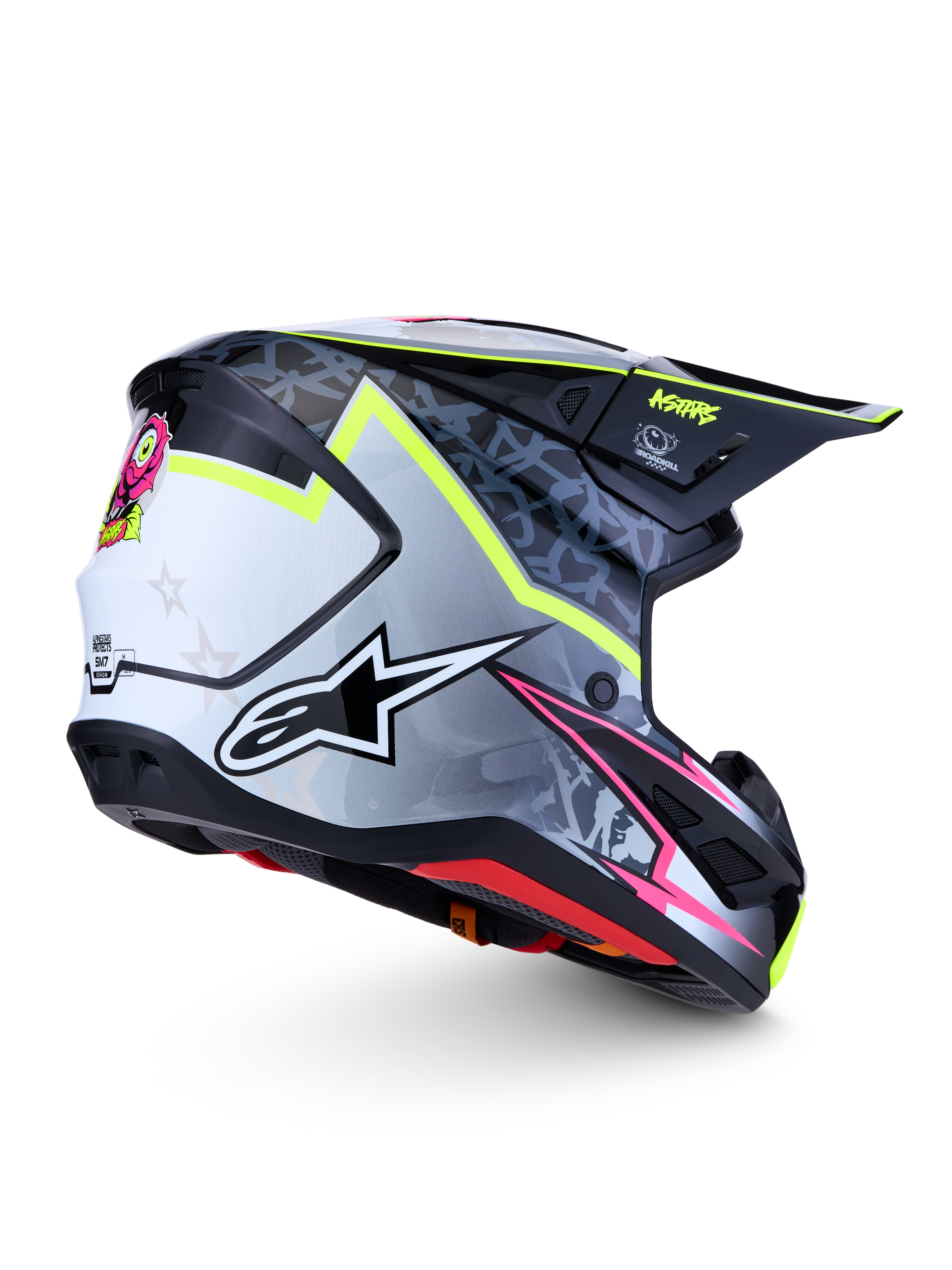 Alpinestars Casco S-M7 Blaster ECE06, casco da motocross nero e grigio con dettagli giallo fluo e rosa, certificato ECE 22.06.