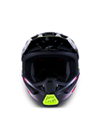 Alpinestars Casco S-M7 Blaster ECE06, casco da motocross da uomo per off-road racing, nero con accenti giallo fluo e rosa, vista frontale con prese d'aria, certificato ECE 22.06.