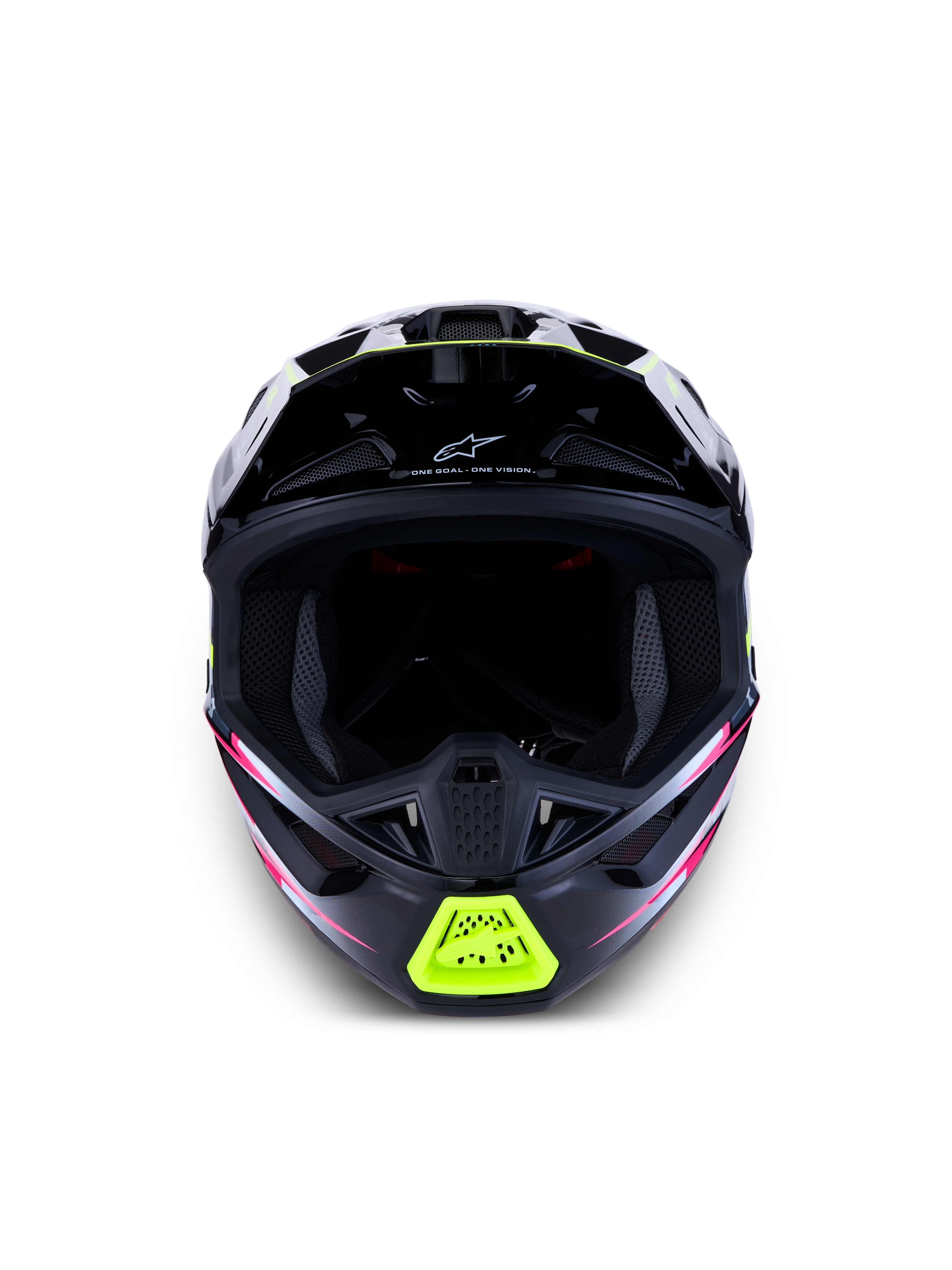 Alpinestars Casco S-M7 Blaster ECE06, casco da motocross da uomo per off-road racing, nero con accenti giallo fluo e rosa, vista frontale con prese d'aria, certificato ECE 22.06.