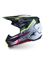 Alpinestars S-M7 Blaster ECE06, casco da motocross nero e grigio con grafiche giallo fluo e rosa, certificato ECE 22.06