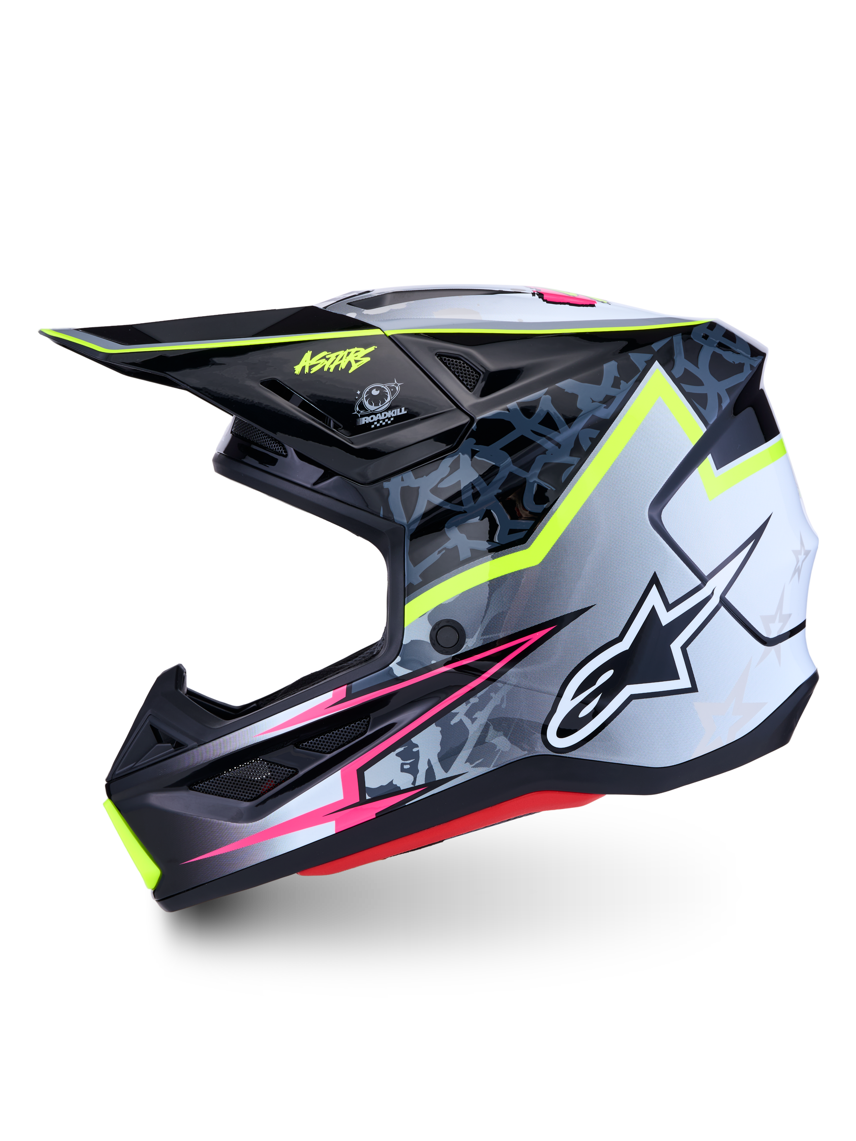 Alpinestars S-M7 Blaster ECE06, casco da motocross nero e grigio con grafiche giallo fluo e rosa, certificato ECE 22.06