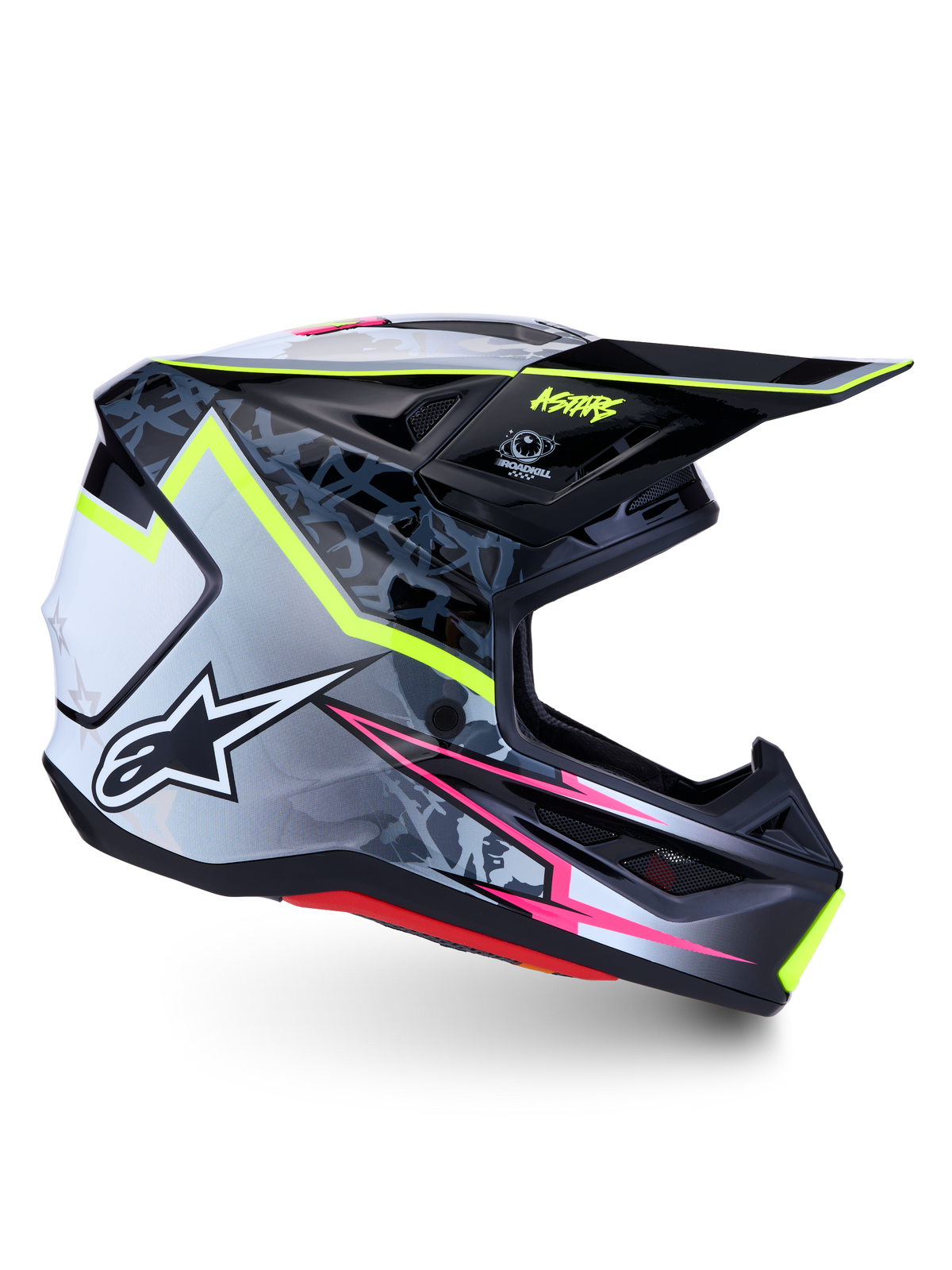 Alpinestars casco S-M7 Blaster, casco motocross nero e grigio con dettagli giallo fluo e rosa, certificato ECE 22.06.