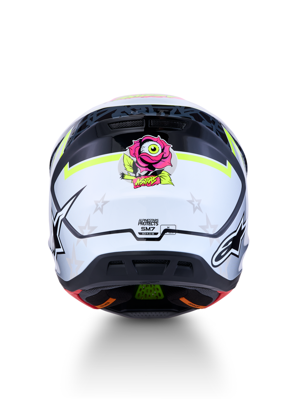 Alpinestars Casco S-M7 Blaster, vista posteriore, bianco e nero con grafica rosa e gialla, certificato ECE 22.06