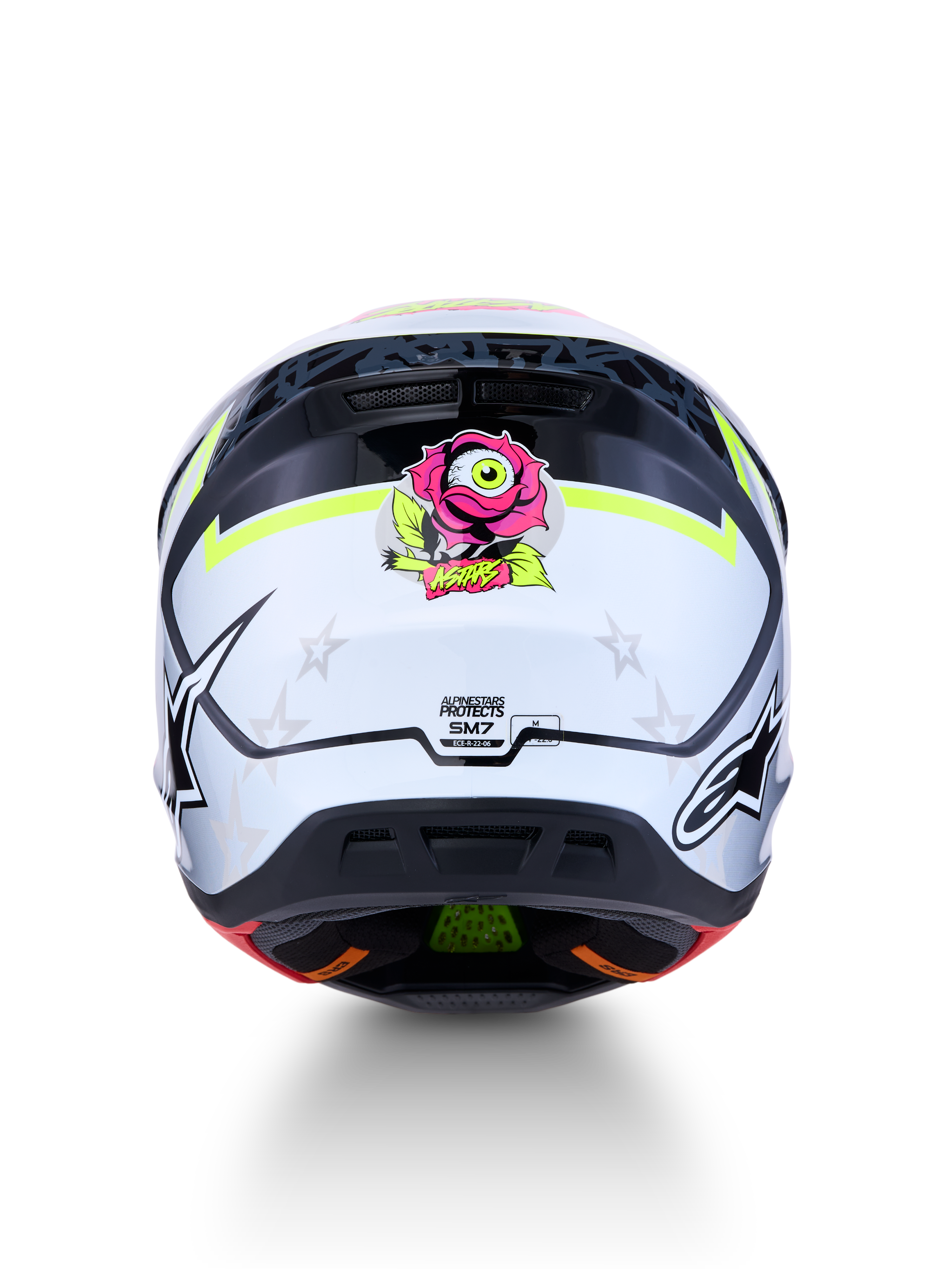 Alpinestars Casco S-M7 Blaster, vista posteriore, bianco e nero con grafica rosa e gialla, certificato ECE 22.06