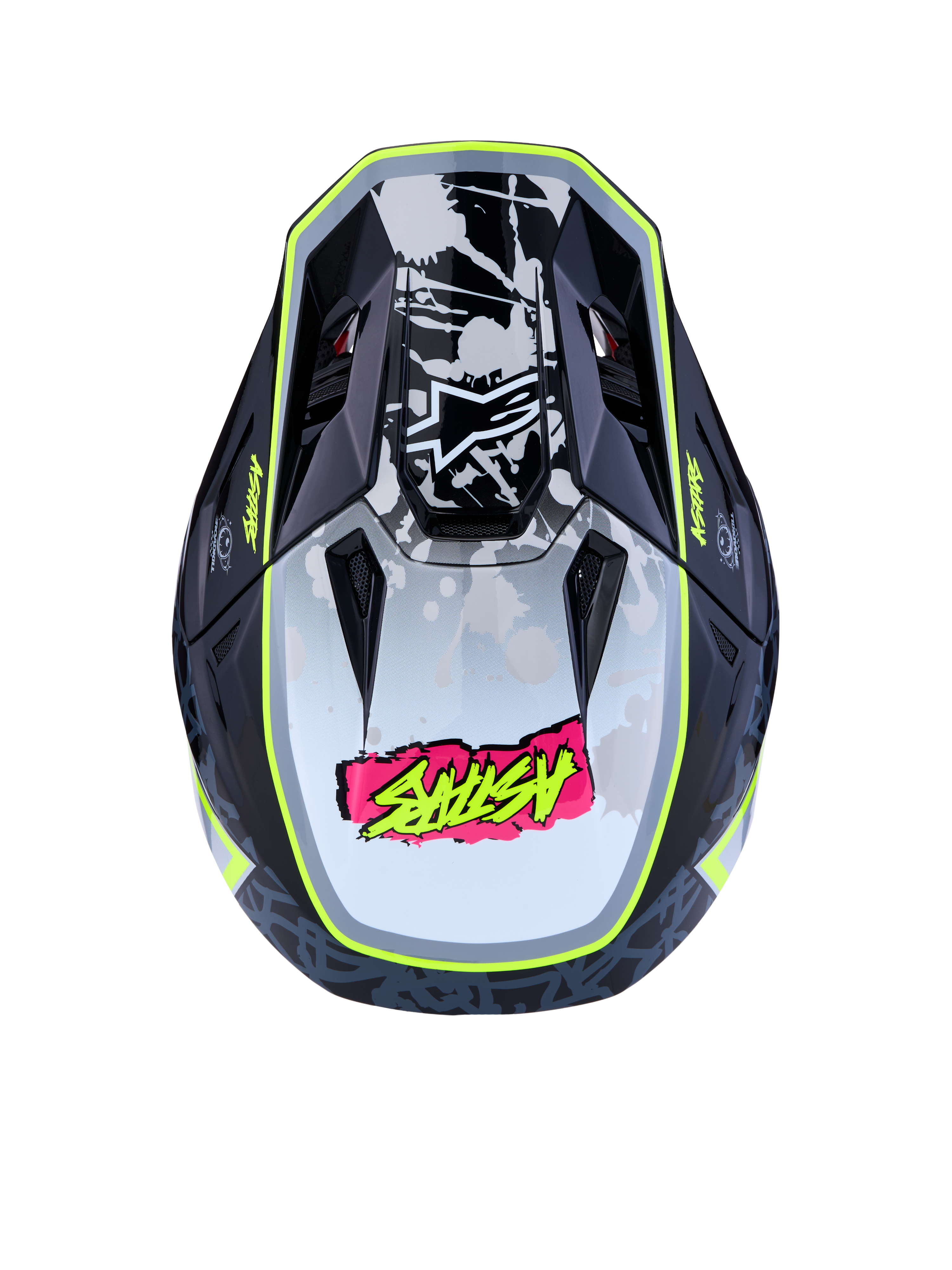 Alpinestars Casco S-M7 Blaster ECE06, casco da motocross nero e giallo fluo, vista dall'alto con calotta aerodinamica e grafiche, certificato ECE 22.06