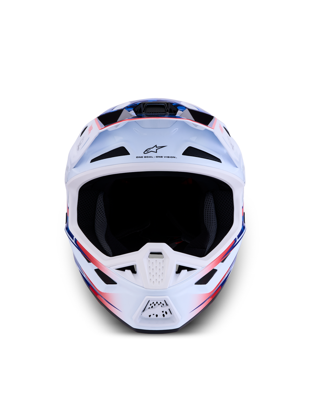 Alpinestars Casco S-M7 Blaster ECE06, casco da motocross per fuoristrada, bianco, blu e rosso lucido, calotta in materiale composito leggero, certificato ECE 22.06, vista frontale