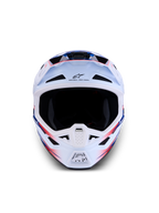 Alpinestars Casco S-M7 Blaster ECE06, casco da motocross per fuoristrada, bianco, blu e rosso lucido, calotta in materiale composito leggero, certificato ECE 22.06, vista frontale