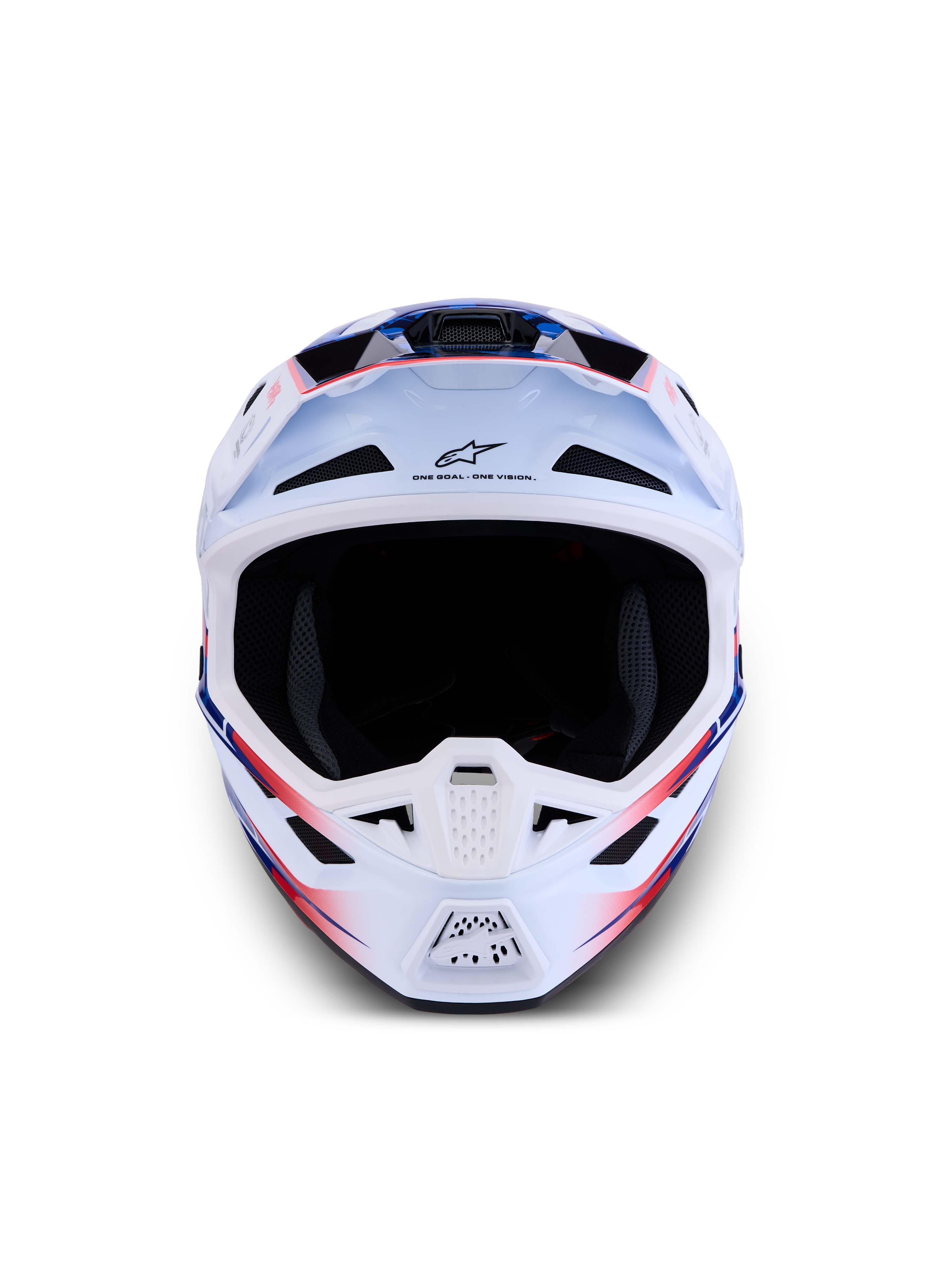 Alpinestars Casco S-M7 Blaster ECE06, casco da motocross per fuoristrada, bianco, blu e rosso lucido, calotta in materiale composito leggero, certificato ECE 22.06, vista frontale