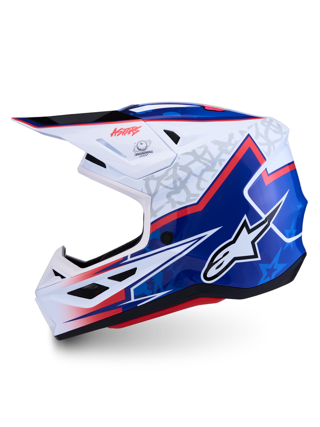 Alpinestars Casco S-M7 Blaster ECE06, casco da motocross bianco e blu lucido con accenti rossi, certificato ECE 22.06