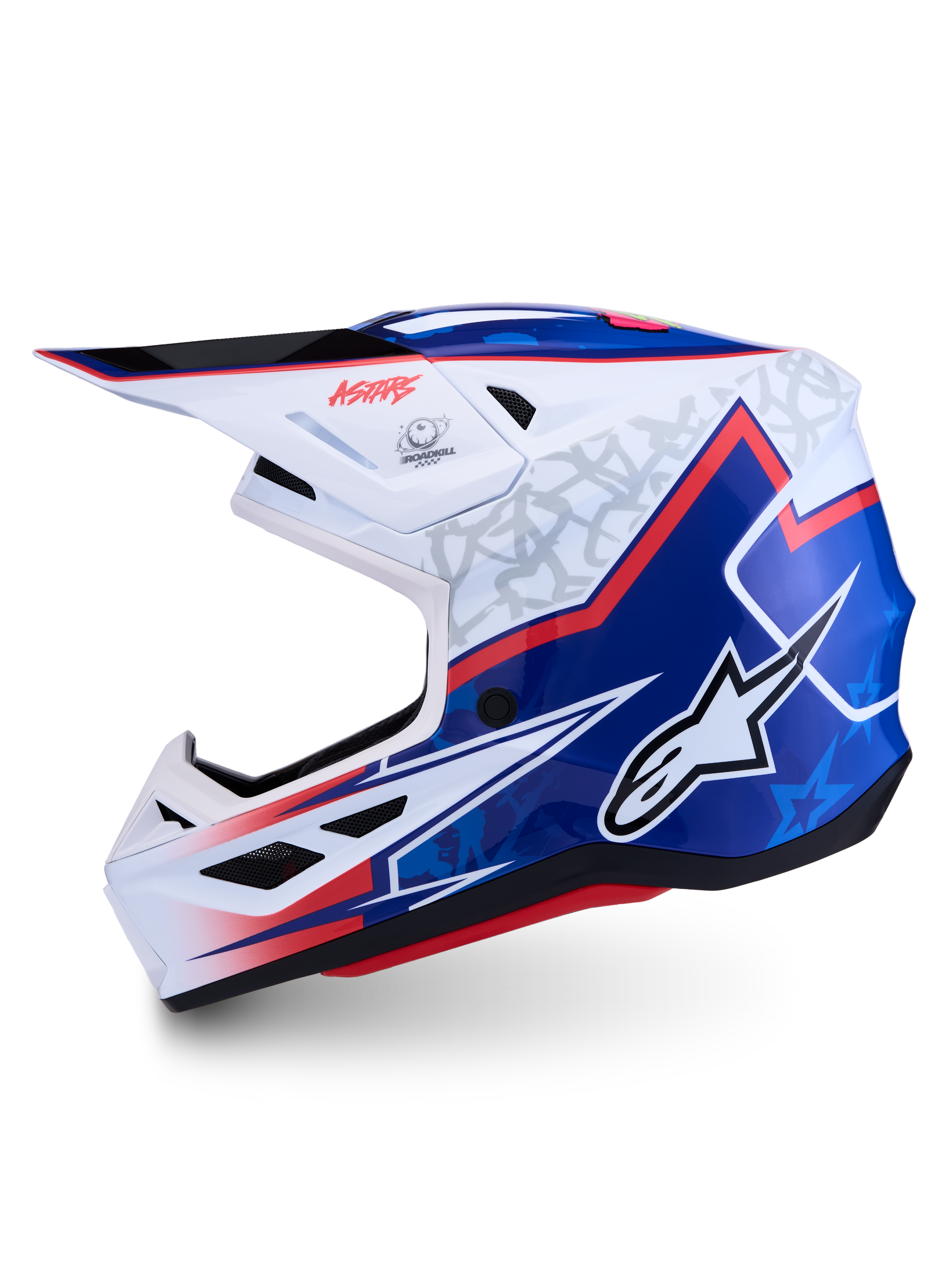 Alpinestars Casco S-M7 Blaster ECE06, casco da motocross bianco e blu lucido con accenti rossi, certificato ECE 22.06