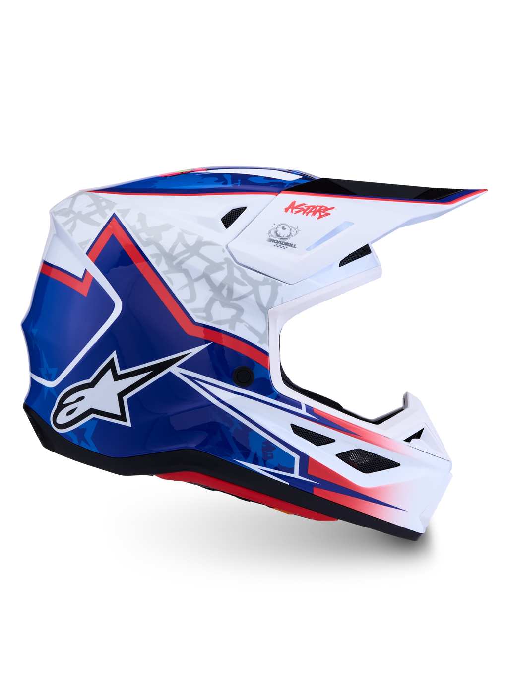 Alpinestars casco S-M7 Blaster da motocross, bianco, blu e rosso, calotta lucida in composito, certificato ECE 22.06