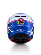 Alpinestars casco S-M7 Blaster ECE06, casco da motocross da uomo, blu e bianco, vista posteriore con grafica di rosa con occhio, certificato ECE 22.06.