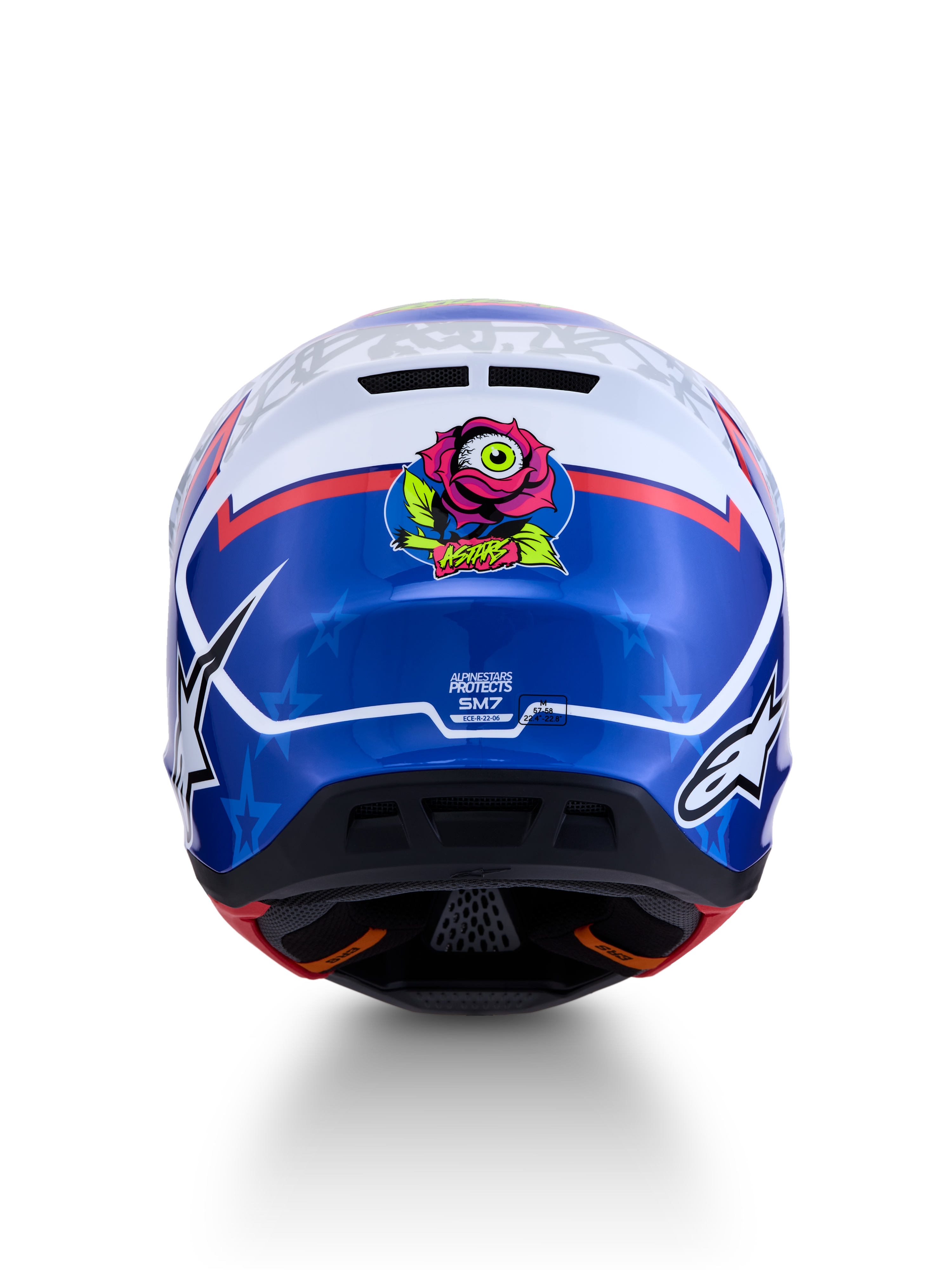 Alpinestars casco S-M7 Blaster ECE06, casco da motocross da uomo, blu e bianco, vista posteriore con grafica di rosa con occhio, certificato ECE 22.06.
