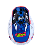 Alpinestars Casco S-M7 Blaster ECE06, casco da motocross, bianco e blu, vista dall'alto con grafica splatter lucida e accenti rossi, certificato ECE 22.06, protezione per off-road