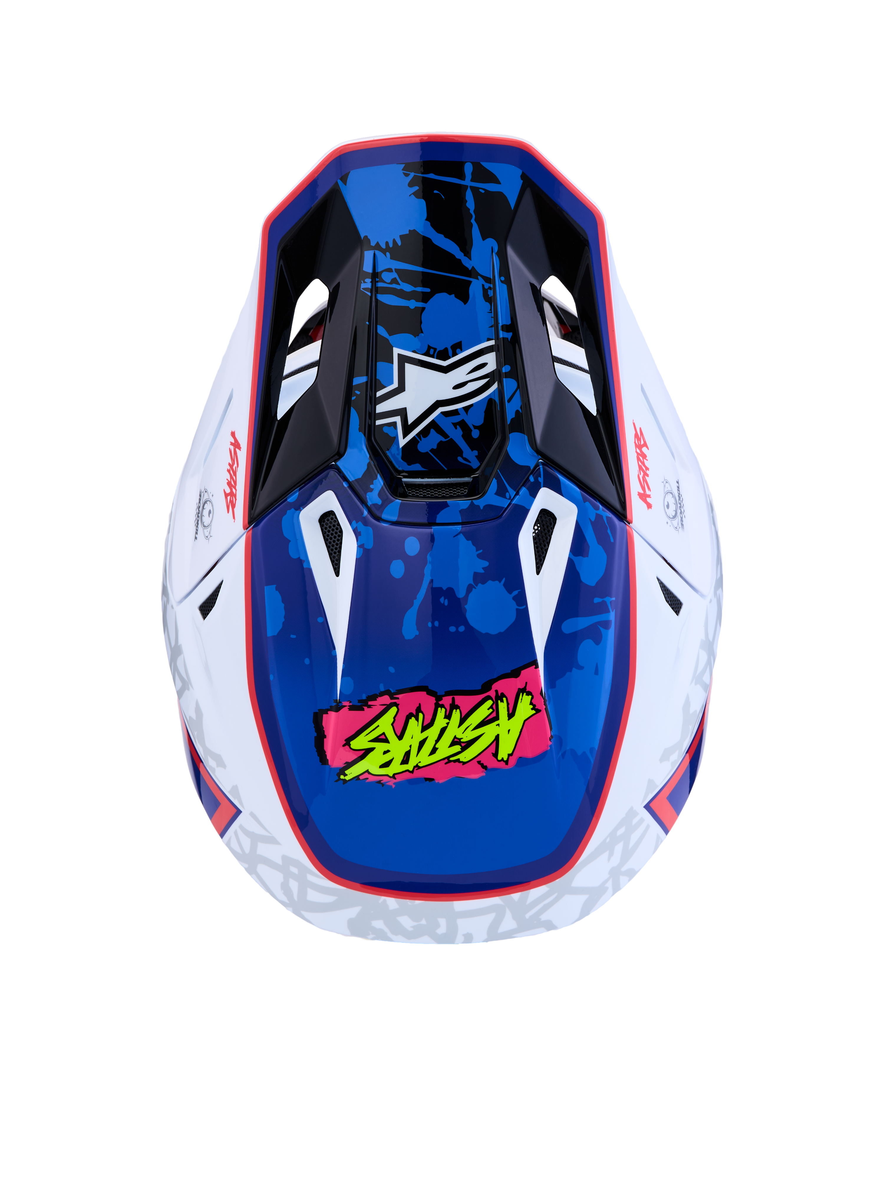 Alpinestars Casco S-M7 Blaster ECE06, casco da motocross, bianco e blu, vista dall'alto con grafica splatter lucida e accenti rossi, certificato ECE 22.06, protezione per off-road